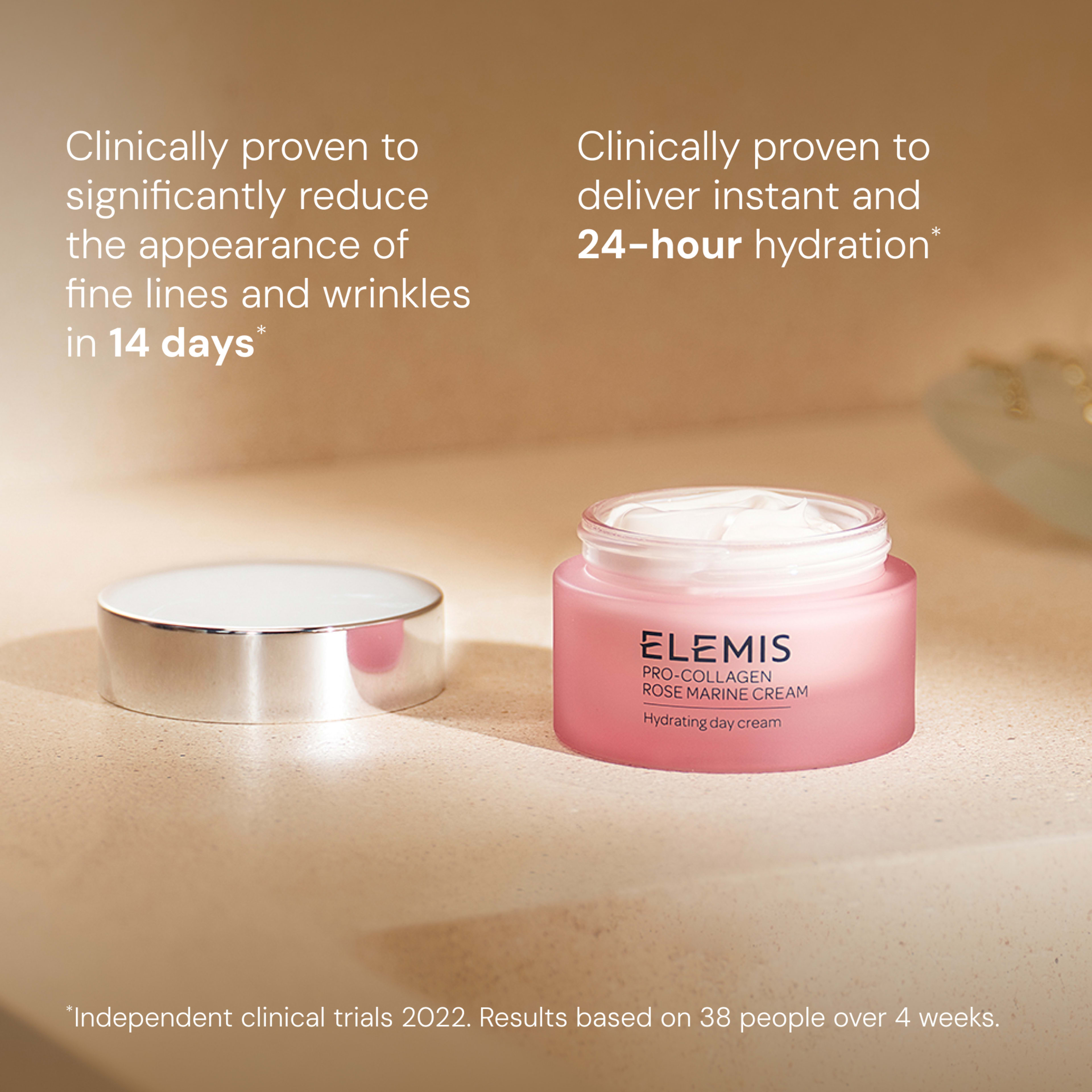 ELEMIS Pro-Collagen Rose Marine Cream hydrating day cream jar on a beige surface with silver lid beside it. Text claims it is clinically proven to reduce fine lines and wrinkles in 14 days and deliver instant, 24-hour hydration, based on 2022 trials.