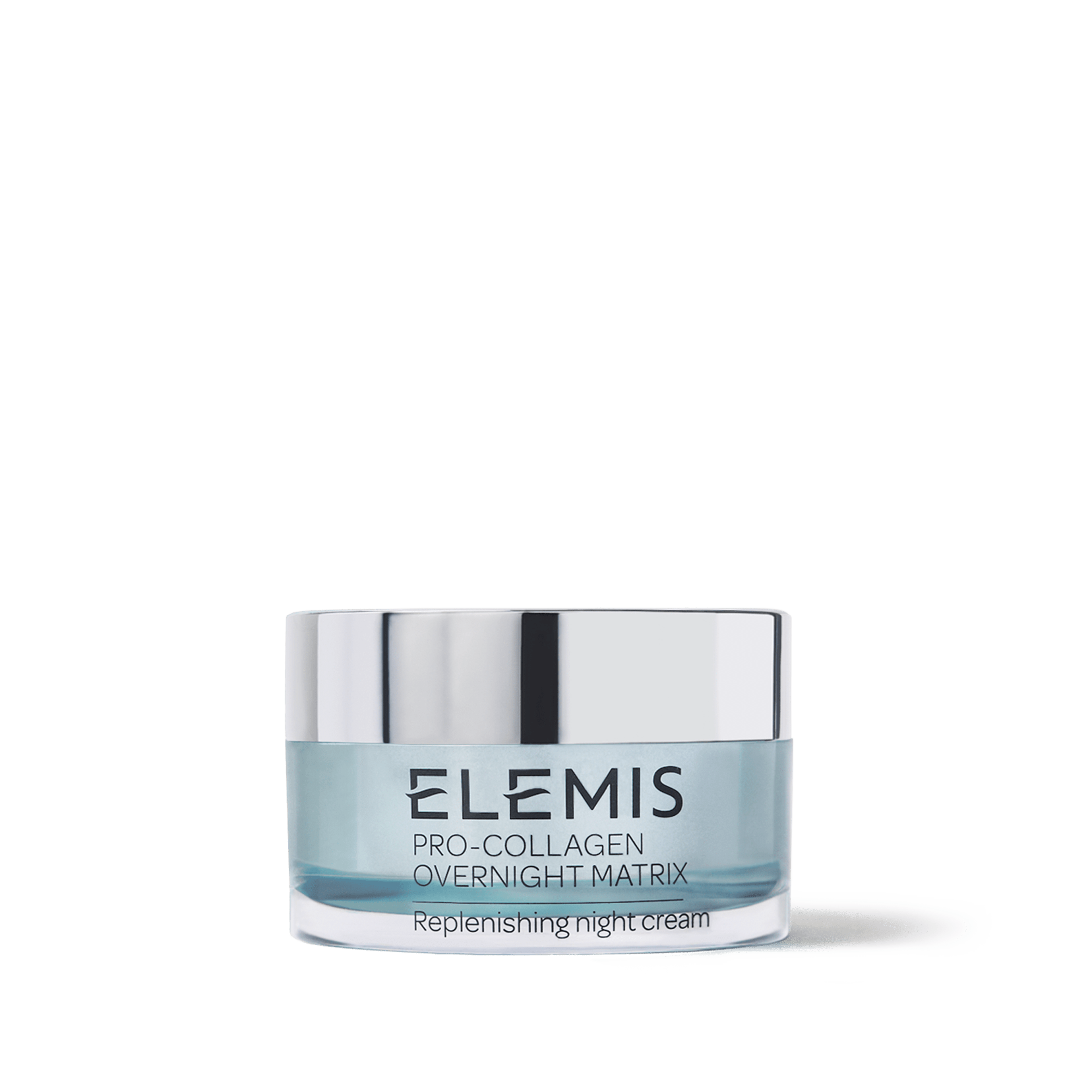 ELEMIS Pro-Collagen Overnight Matrix moisturiser in a turquoise jar with a reflective silver lid, labelled "replenishing night cream", shown against a plain white background.