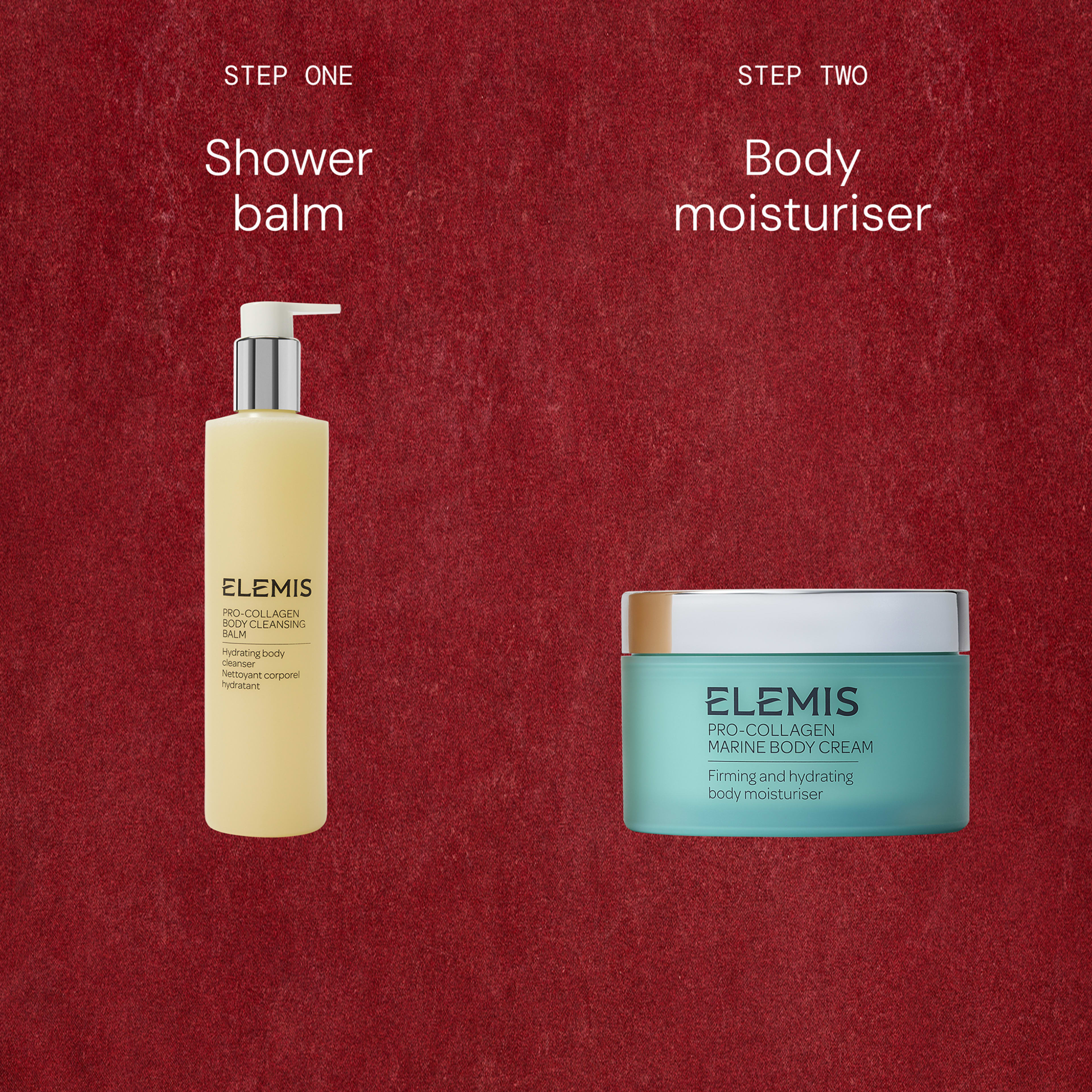 Red background graphic showing a two-step ELEMIS body care routine: step one, shower balm in a tall pump bottle, and step two, body moisturiser in a turquoise jar.