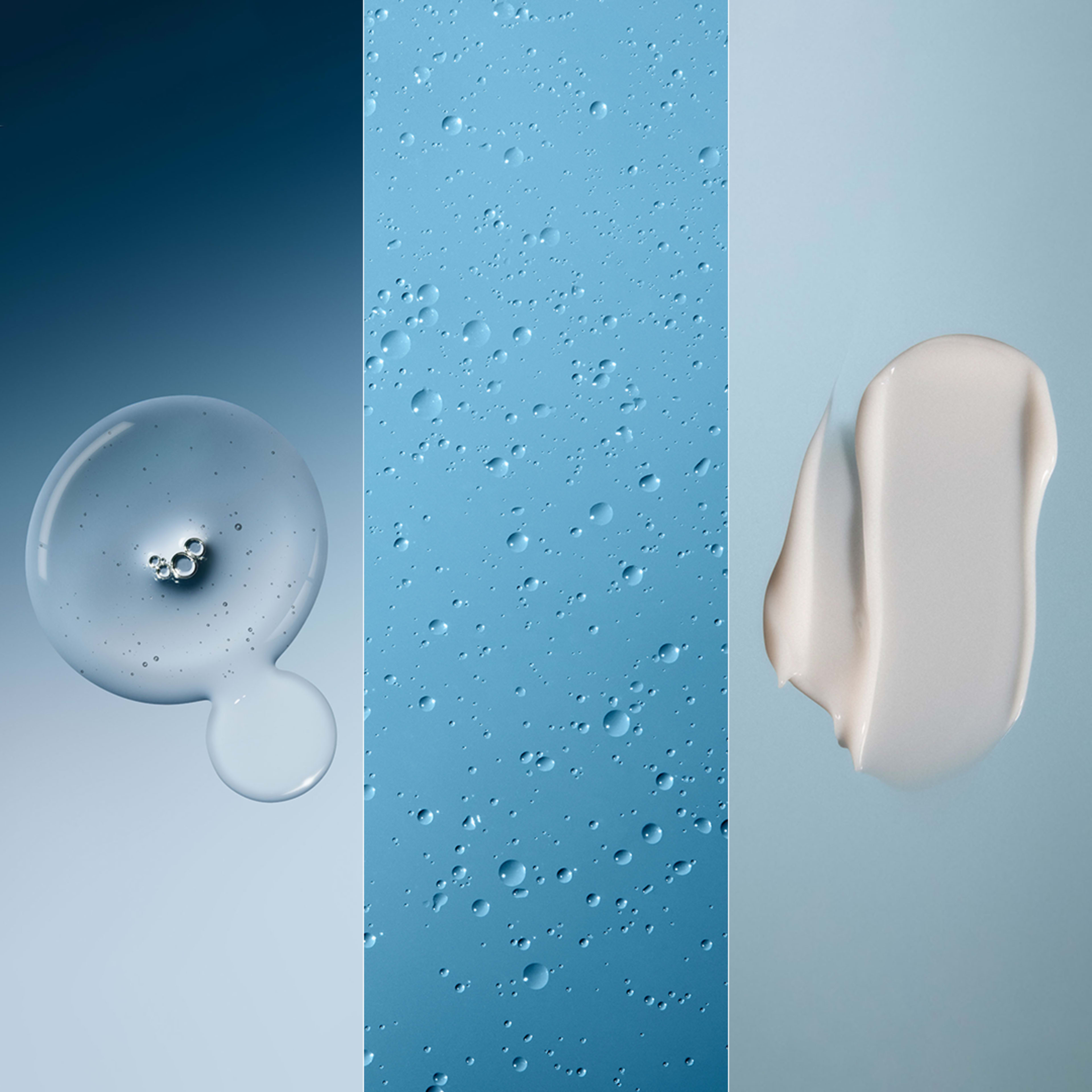 Abstract triptych of ELEMIS skincare textures: left, a translucent blue liquid droplet; centre, scattered water droplets on blue; right, a pale cream swatch on a soft blue background, suggesting hydrating, serum and moisturiser formulas.