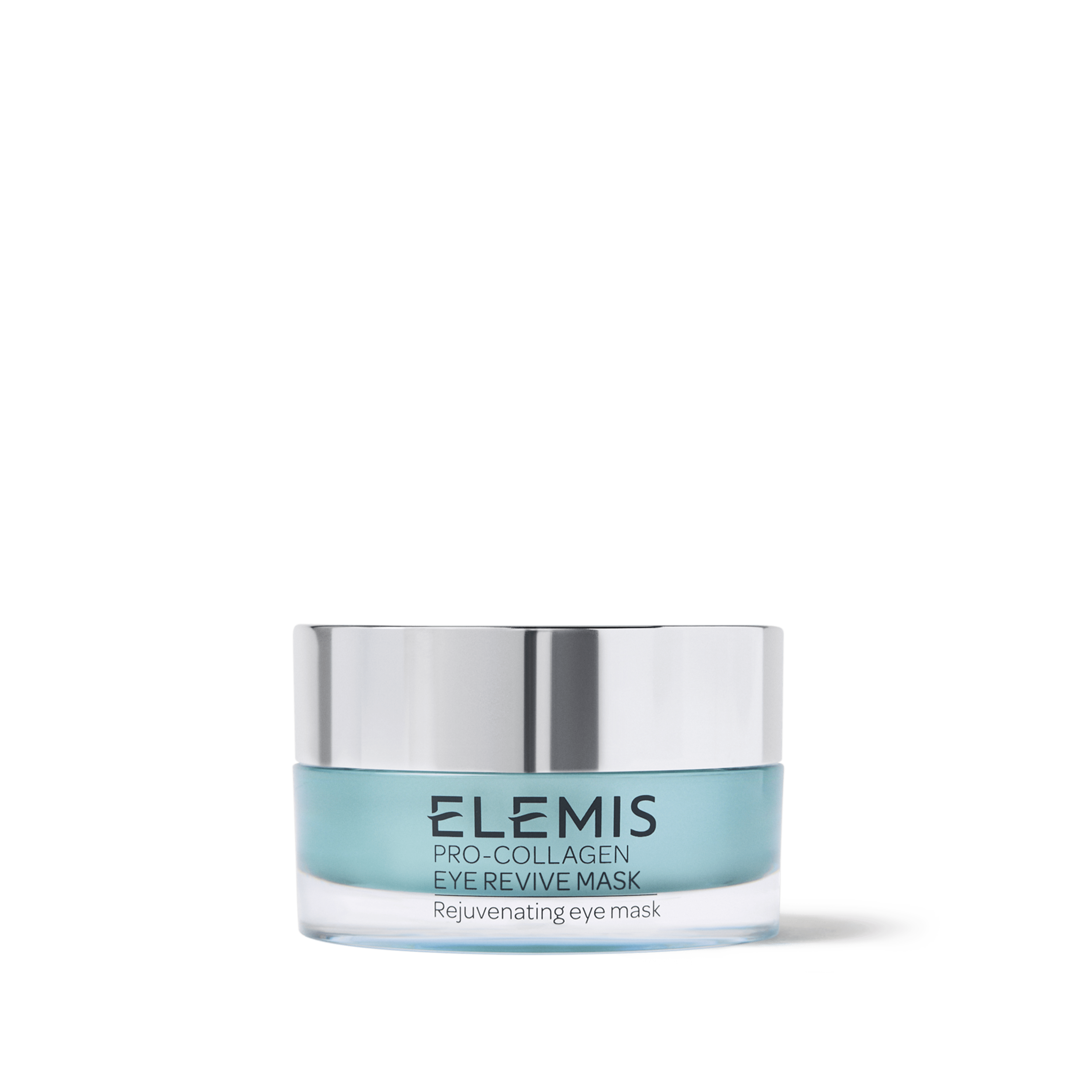 ELEMIS Pro-Collagen Eye Revive Mask jar with silver lid and turquoise container, labelled "Rejuvenating eye mask", shown on a white background.