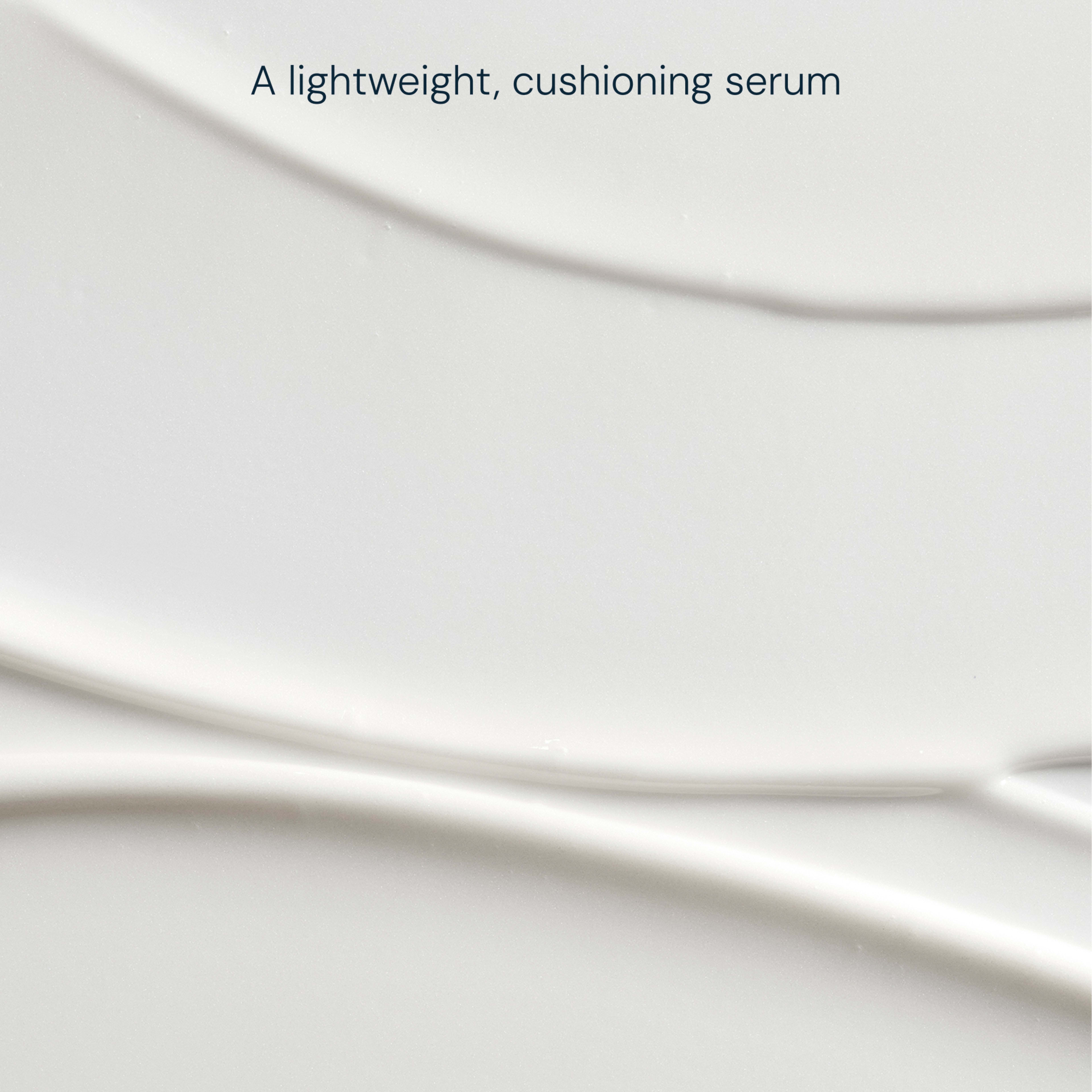 Text reading "A lightweight, cushioning serum" over an abstract white skincare swatch background.