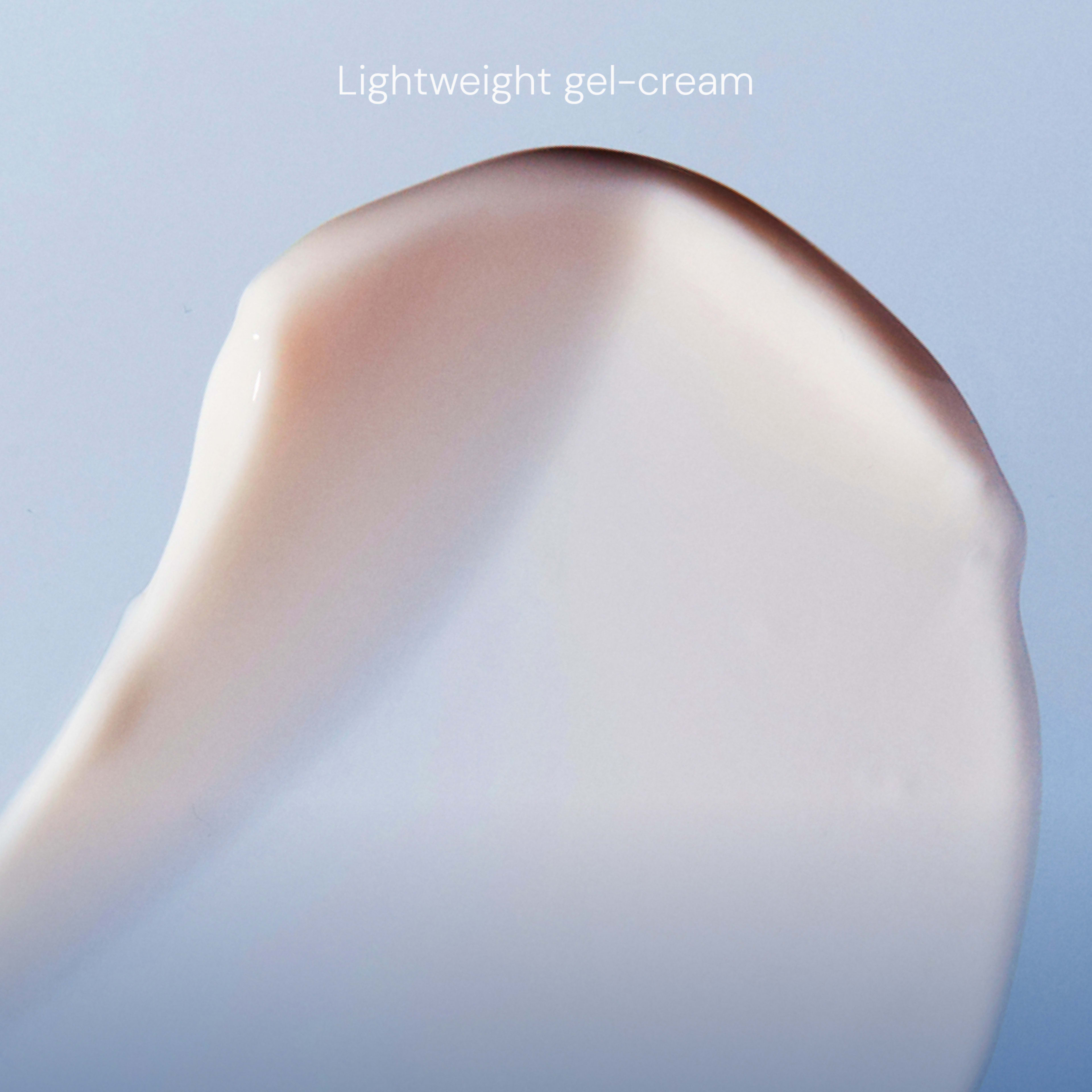 Close-up swatch of pale pink lightweight gel-cream against a soft blue background, with the text “Lightweight gel-cream” at the top.
