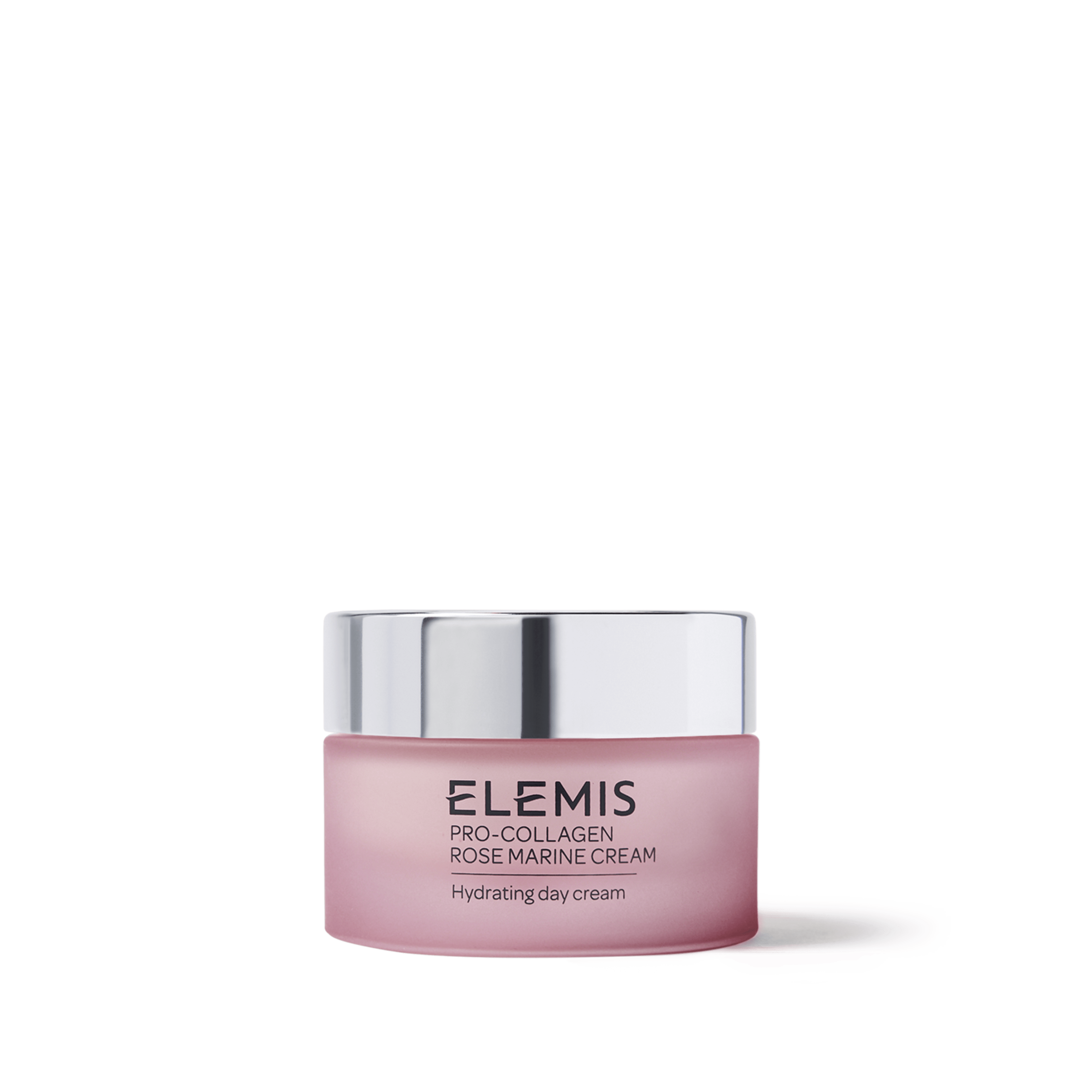 ELEMIS Pro-Collagen Rose Marine Cream hydrating day cream in a frosted pink jar with silver lid, shown on a white background.