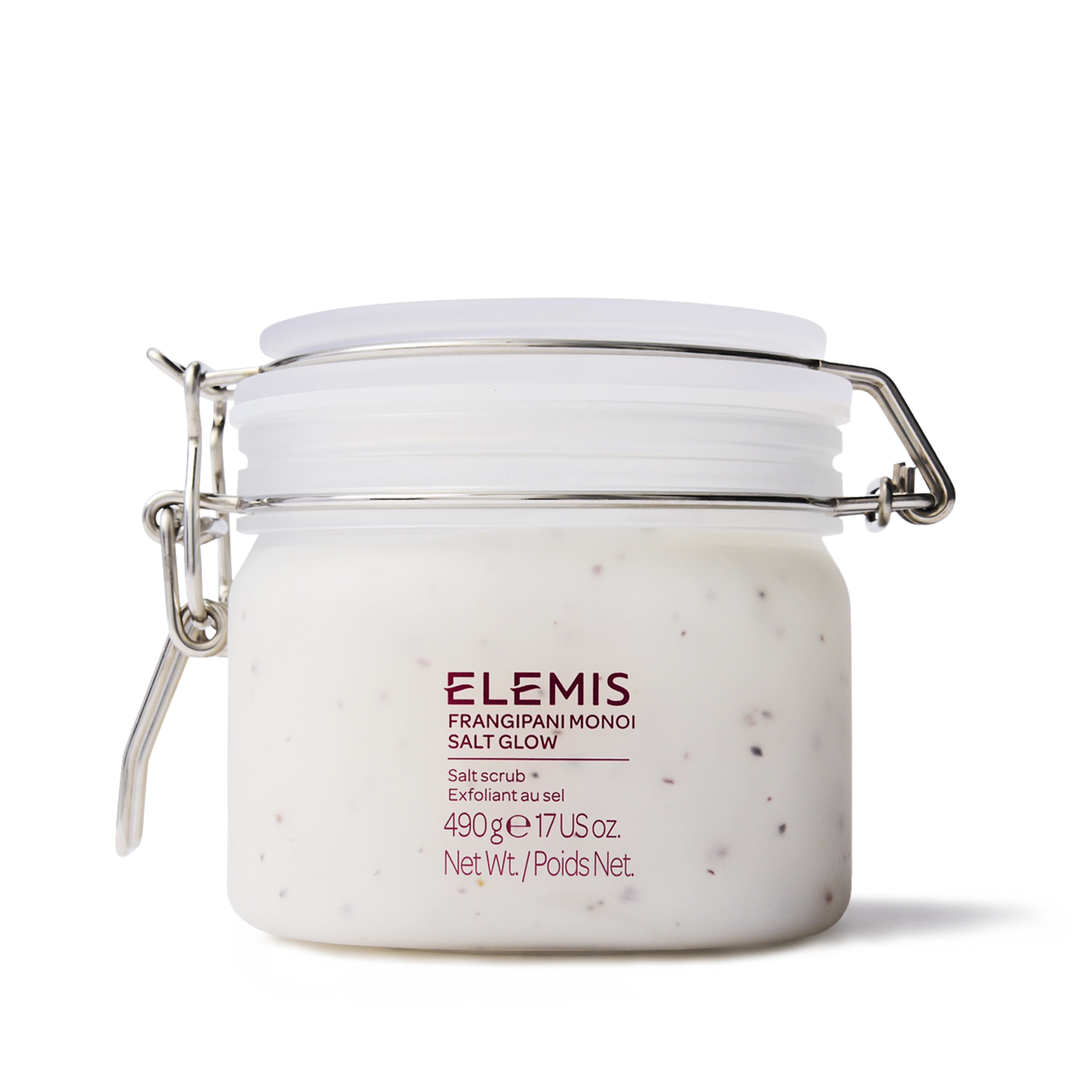 ELEMIS Frangipani Monoi Salt Glow body scrub in a clear clip-top jar, showing creamy exfoliating salt formula with fine grains. Text on jar notes 490g, 17 US oz salt scrub exfoliant.