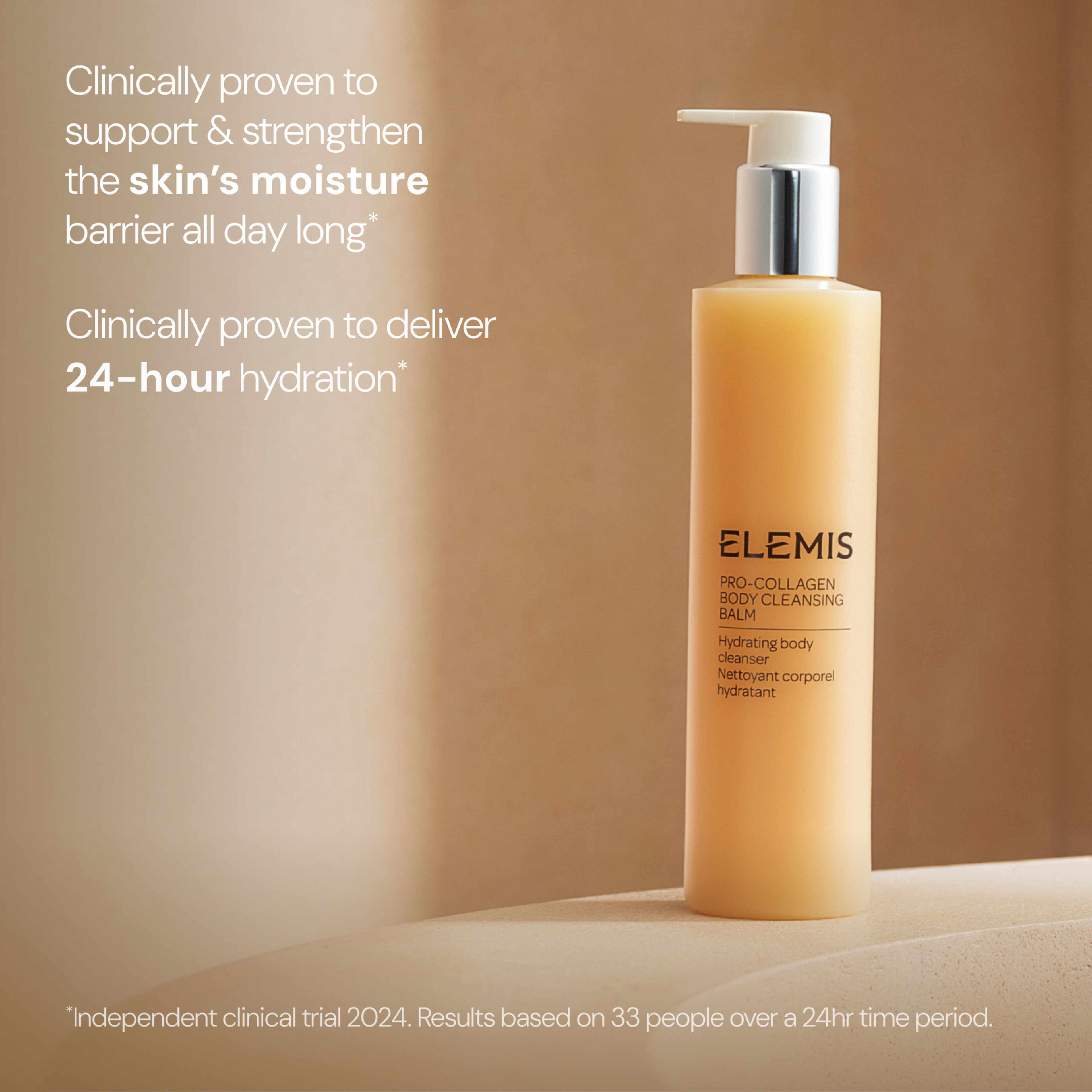 ELEMIS Pro-Collagen Body Cleansing Balm bottle on a neutral background with text stating it is clinically proven to support and strengthen the skin’s moisture barrier all day and deliver 24-hour hydration, with a note of an independent clinical trial in 2024.