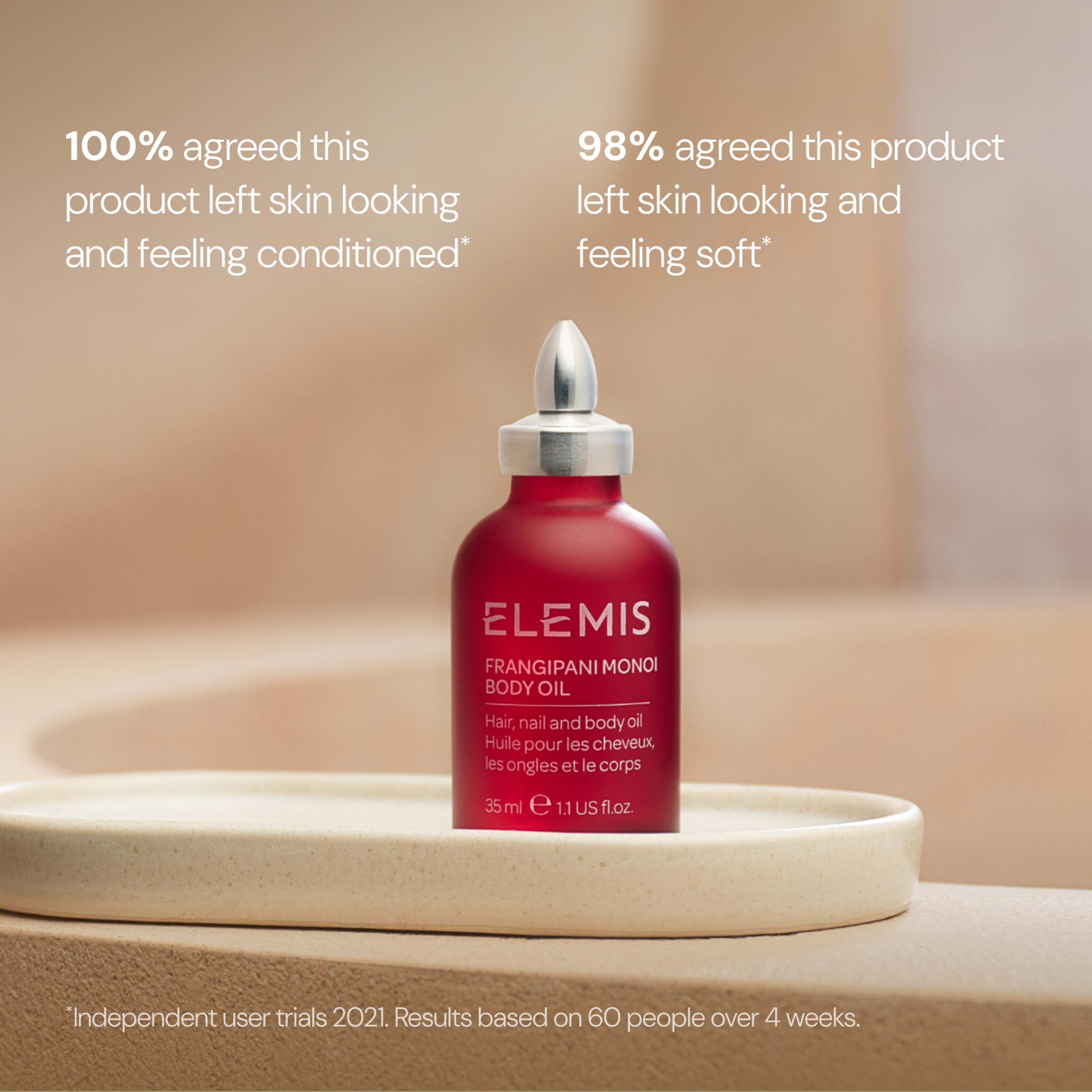 ELEMIS Frangipani Monoi Body Oil 35ml bottle on a neutral tray, promoted as a hair, nail and body oil. On-image claims: 100% agreed this product left skin looking and feeling conditioned; 98% agreed it left skin looking and feeling soft; based on a 2021 user trial of 60 people over 4 weeks.