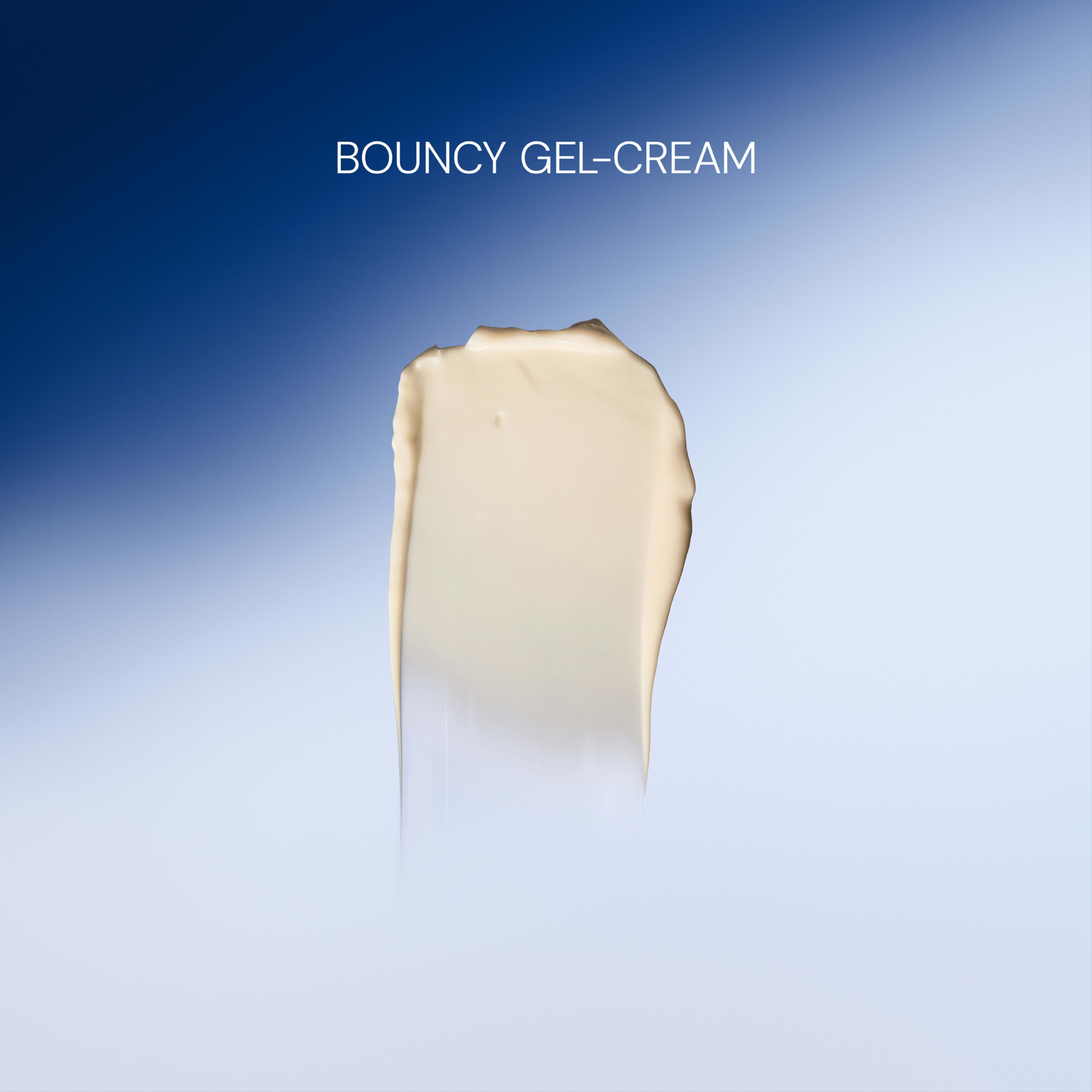 Creamy beige swatch of ELEMIS moisturiser on a blue to white gradient background, with the text "BOUNCY GEL-CREAM" above.