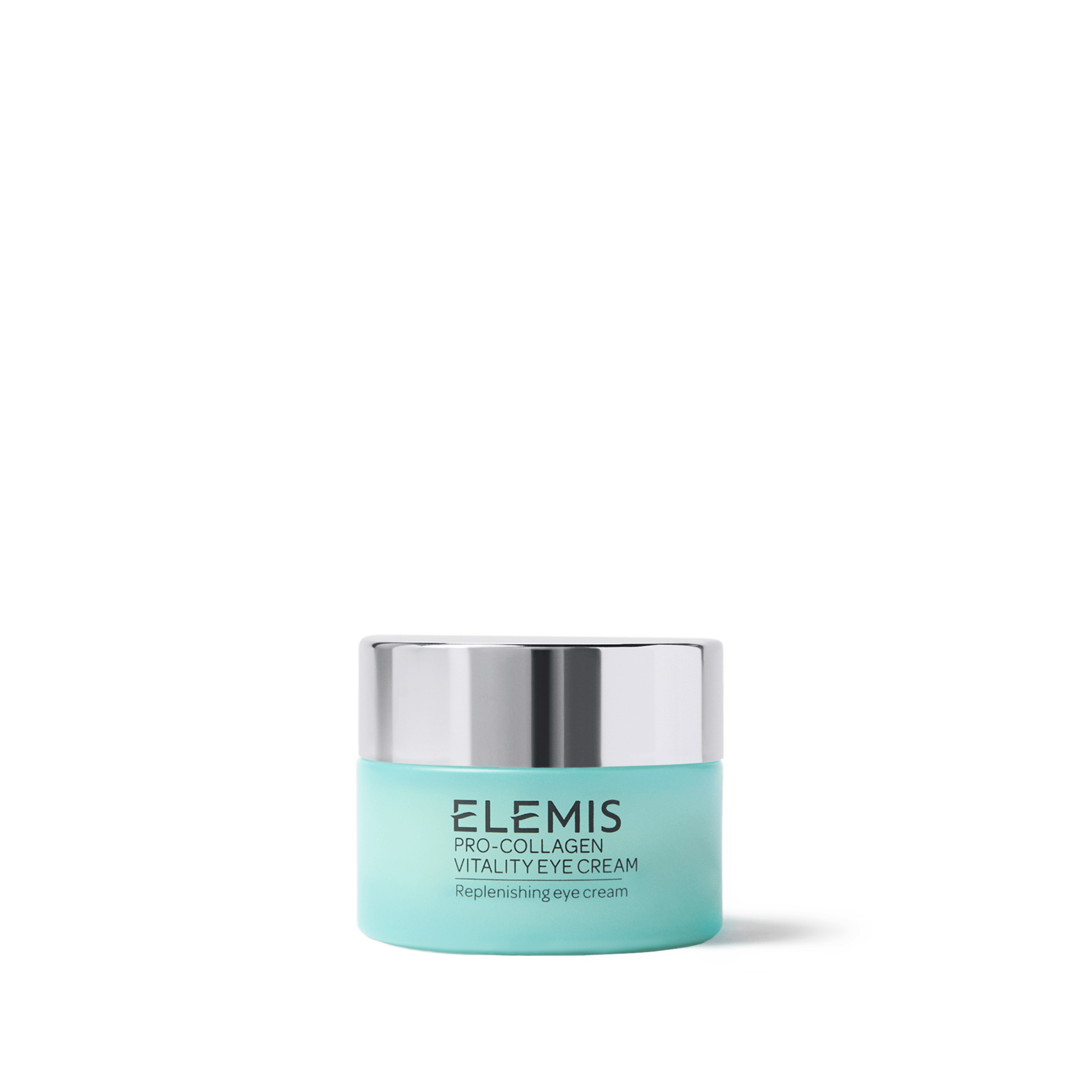 ELEMIS Pro-Collagen Vitality Eye Cream jar with silver lid on a white background, labelled as a replenishing eye cream.