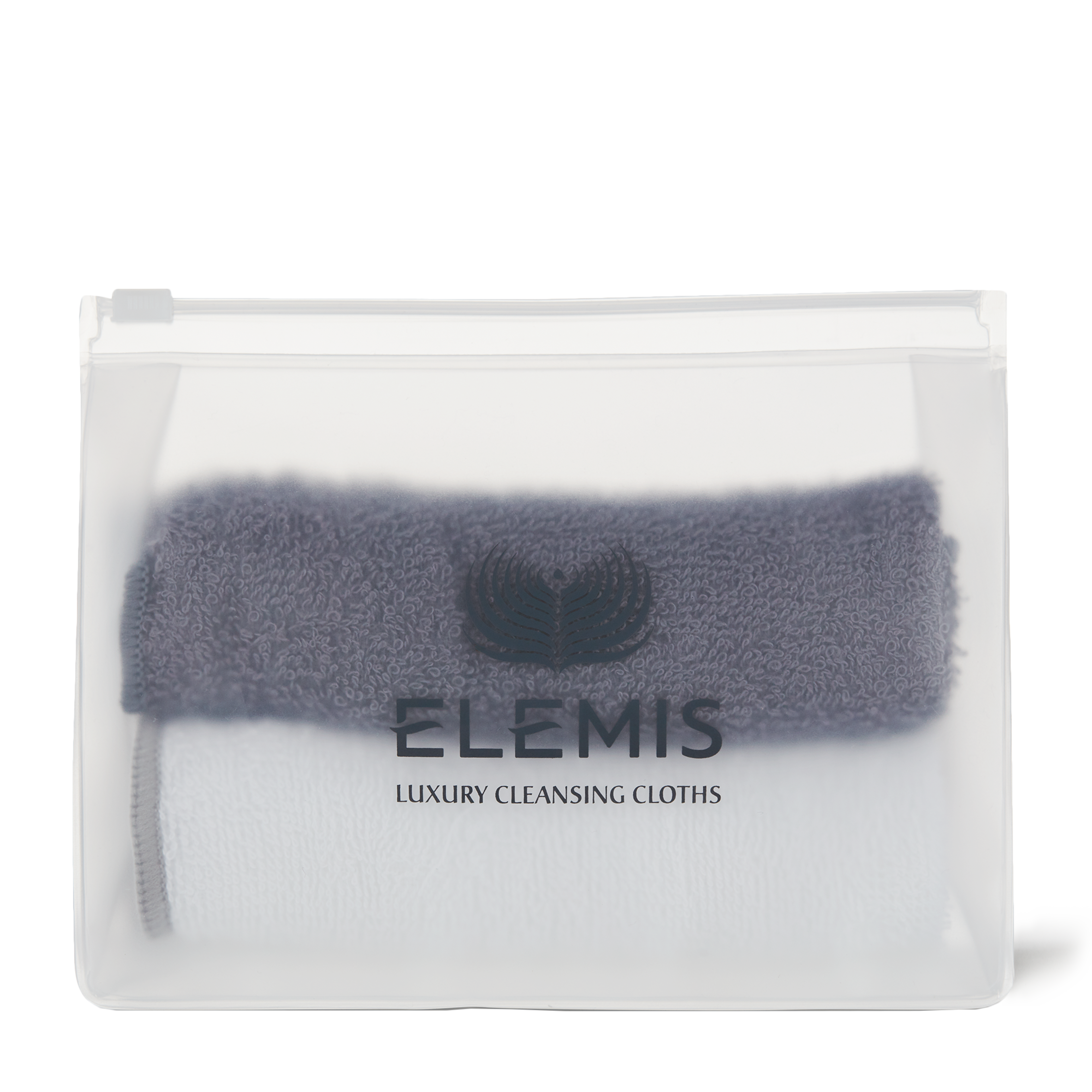 ELEMIS Luxury Cleansing Cloths pouch containing a folded grey cloth on top of a folded white cloth, visible through a frosted, resealable plastic bag with the ELEMIS logo and the words "Luxury Cleansing Cloths" on the front.