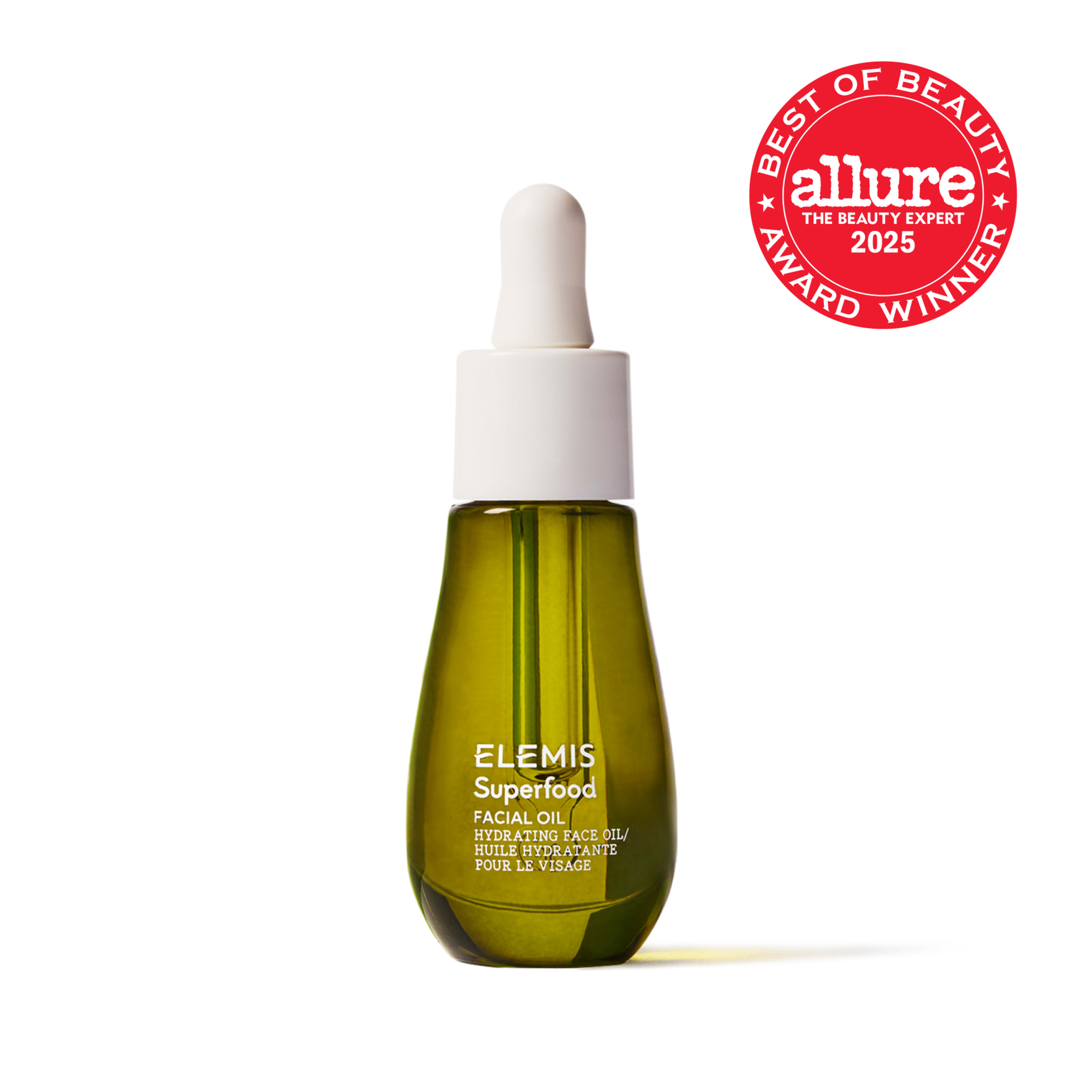 ELEMIS Superfood Facial Oil in a green glass dropper bottle on white background. A red circular badge reads "allure the beauty expert 2025, best of beauty, award winner".