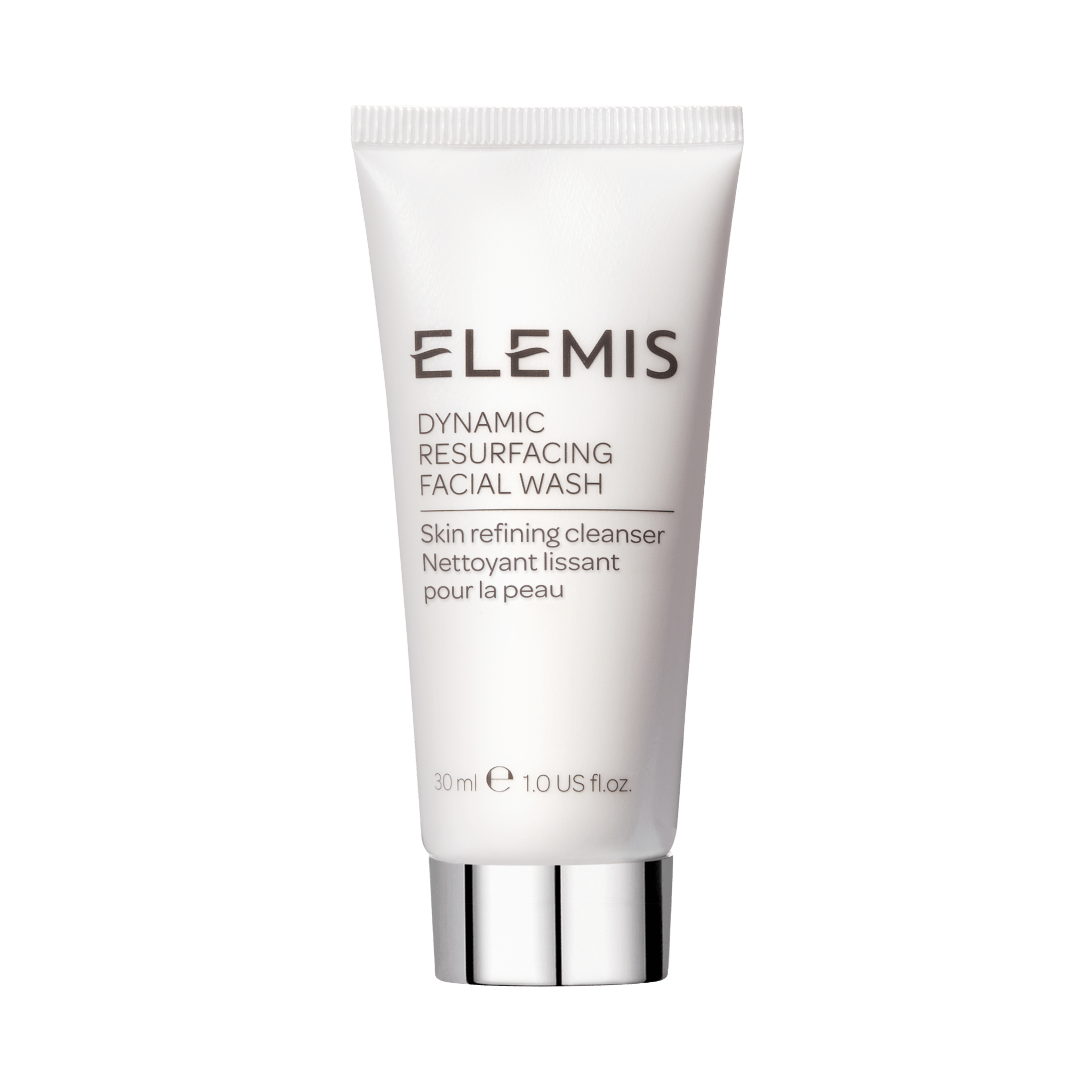 ELEMIS Dynamic Resurfacing Facial Wash tube, labelled as a skin refining cleanser, 30ml travel size with silver cap, standing upright on a plain background.