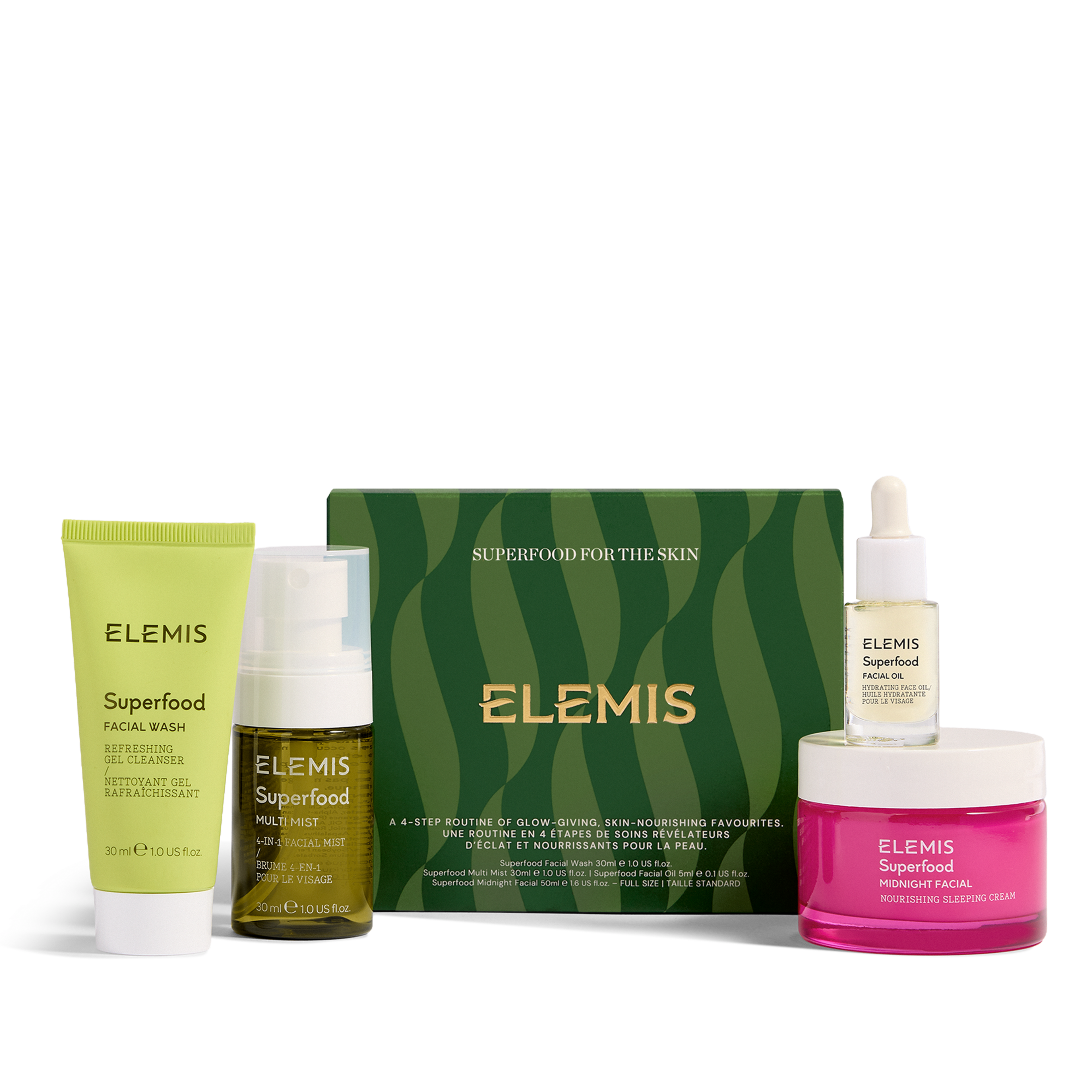 ELEMIS Superfood skincare gift set with green patterned box reading “Superfood for the skin”, shown with facial wash, multitasking mist, facial oil and pink Superfood Midnight Facial cream jar arranged in front.