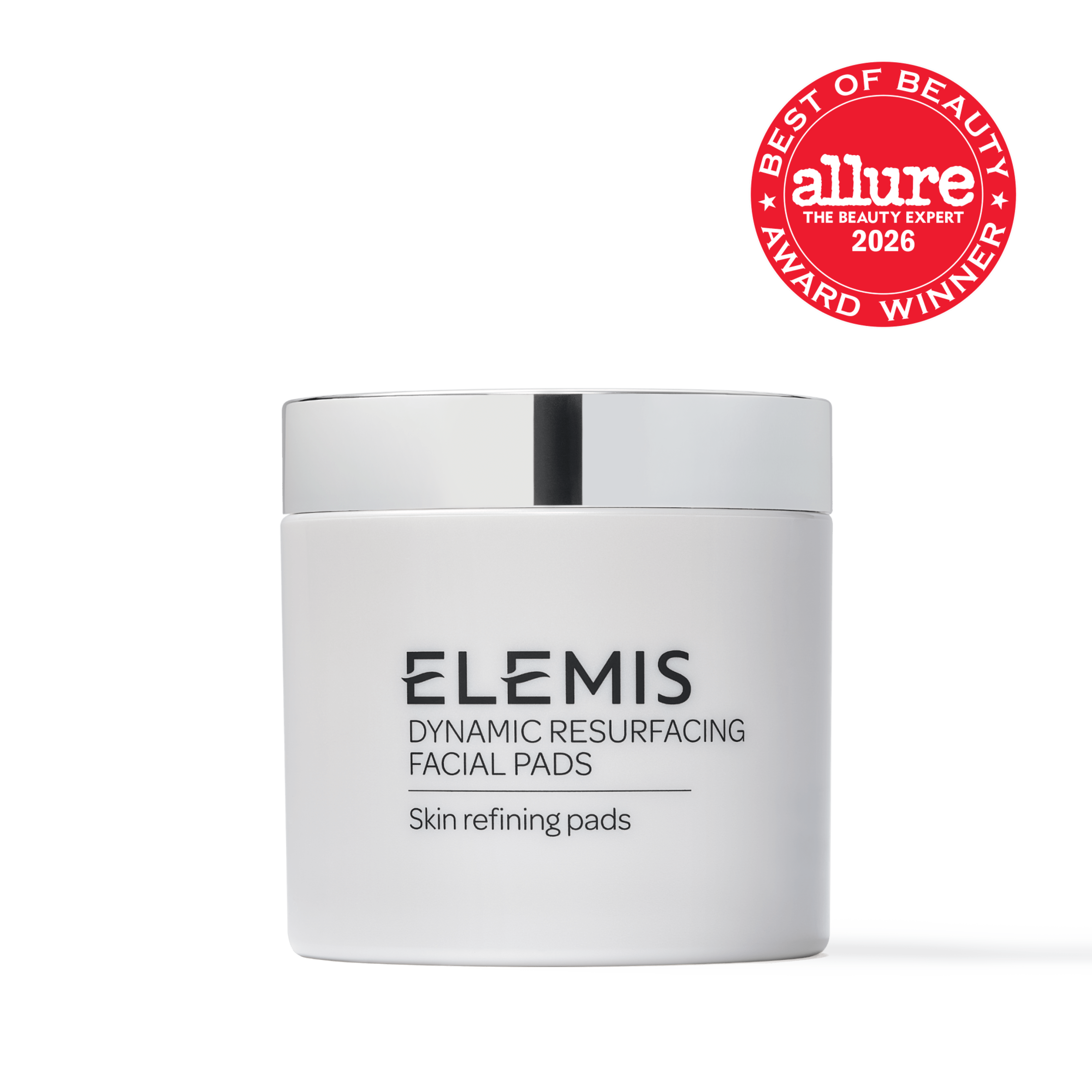 ELEMIS Dynamic Resurfacing Facial Pads white jar with silver lid, labelled "Skin refining pads", shown with a red circular "allure Best of Beauty Award Winner 2026" badge in the top right corner.