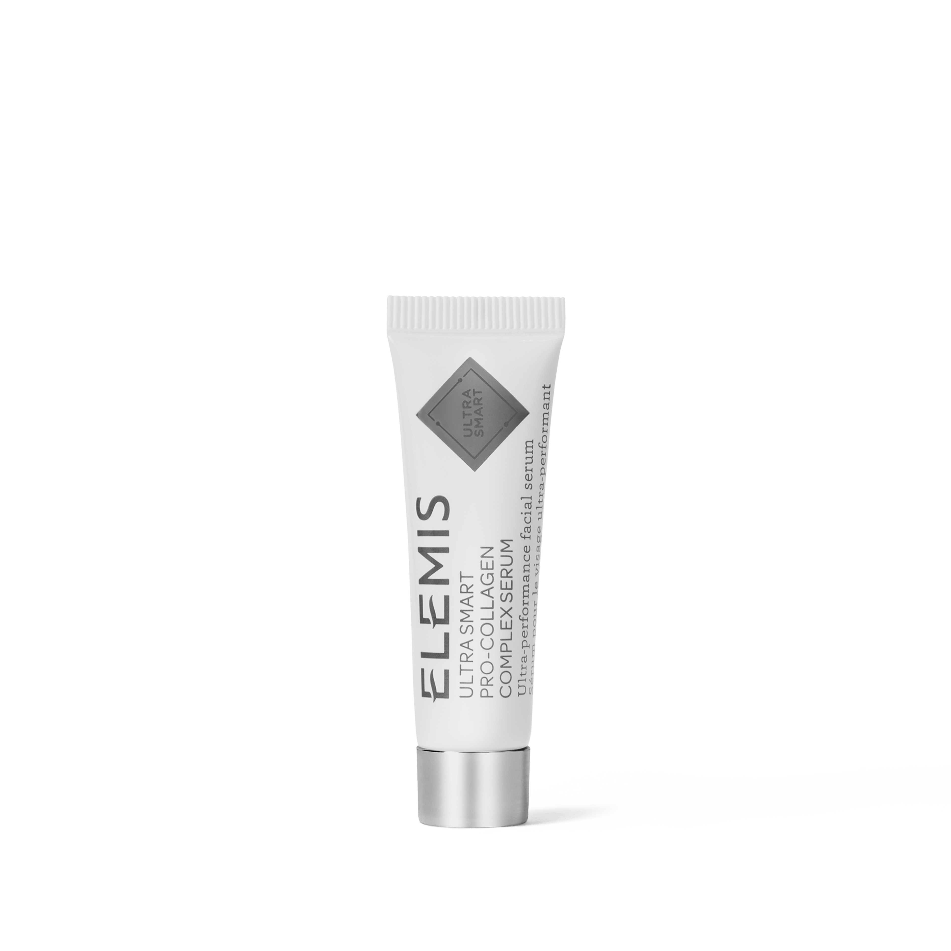 ELEMIS Ultra Smart Pro-Collagen Complex Serum in a small white travel-size tube with silver cap, standing upright on a plain background.