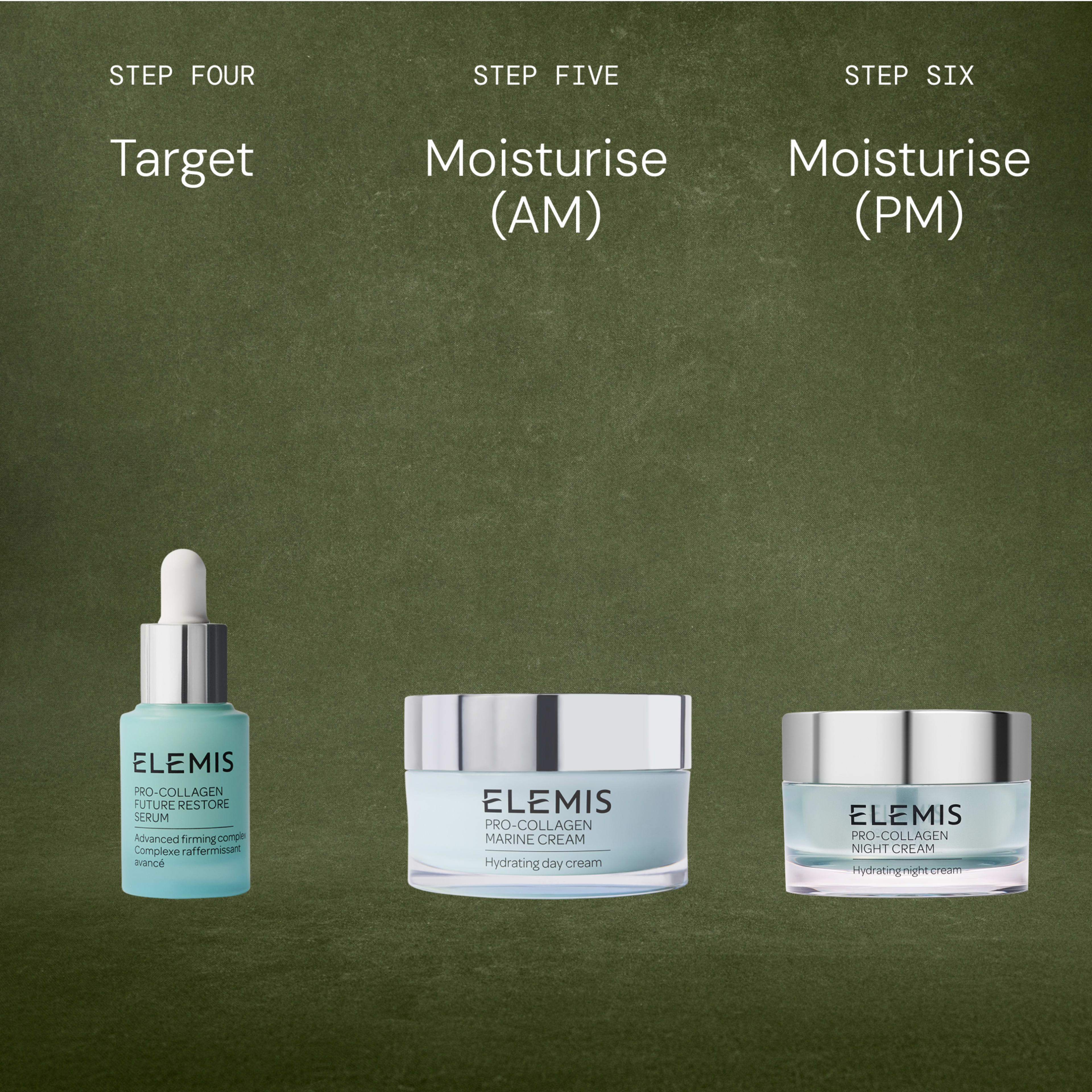 Skincare routine steps four to six on a green background, showing ELEMIS Pro-Collagen Future Restore Serum for targeting, Pro-Collagen Marine Cream for morning moisturising (AM), and Pro-Collagen Night Cream for evening moisturising (PM).