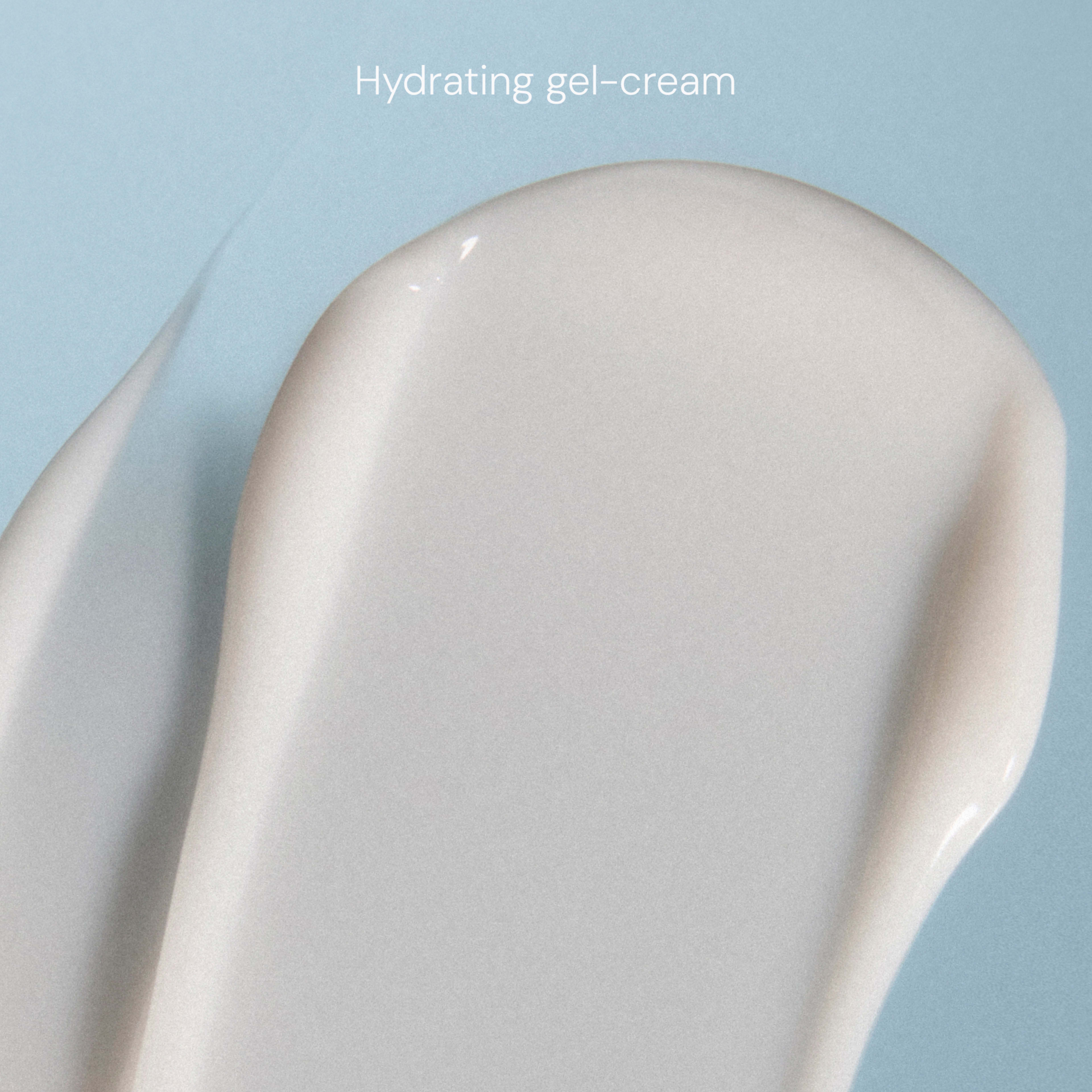Close-up swatch of a creamy white hydrating gel-cream against a soft blue background, highlighting its smooth, glossy texture.