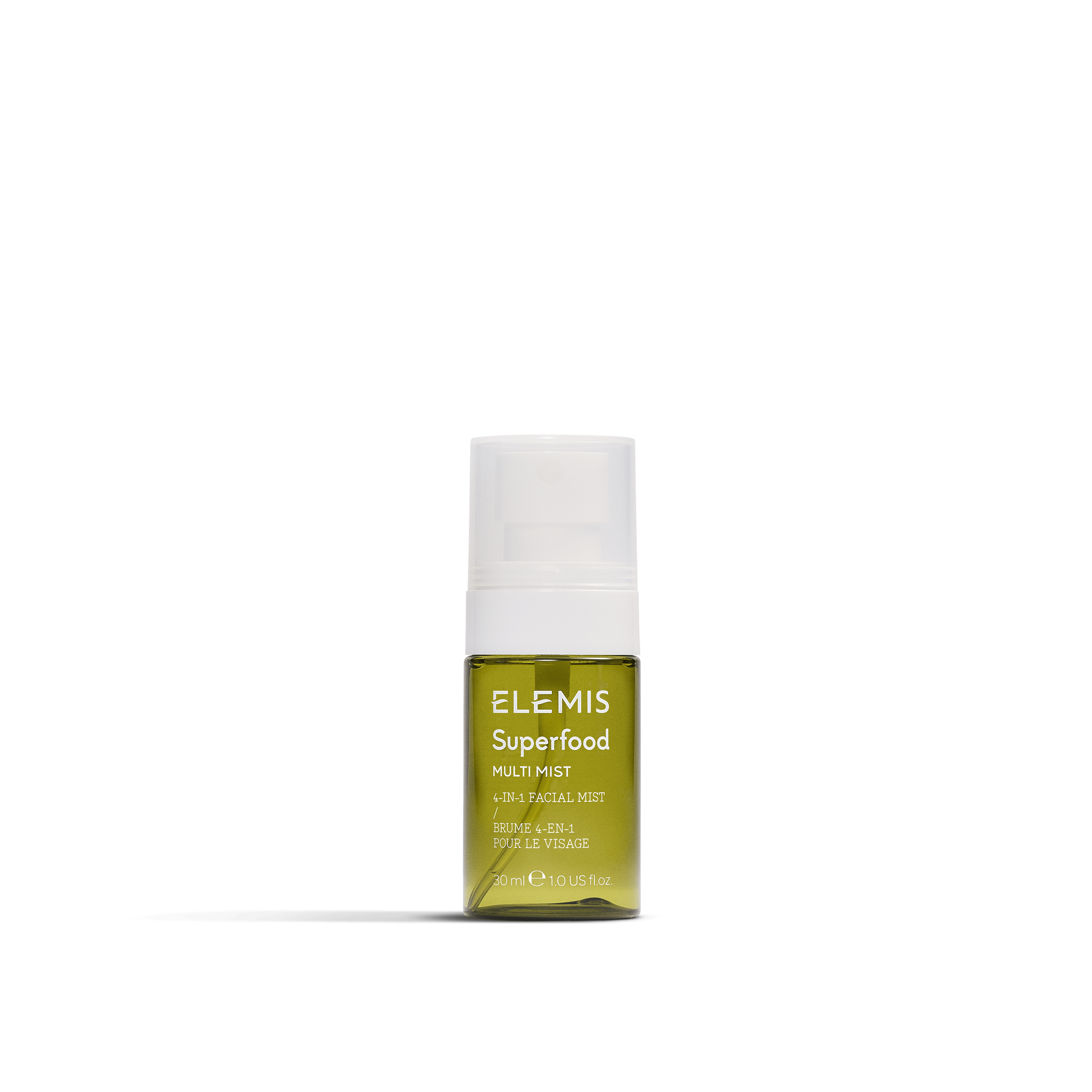 ELEMIS Superfood Multi Mist bottle on a plain background, showing a small green 30ml facial mist with white pump top and the label text “ELEMIS Superfood Multi Mist 4-in-1 Facial Mist”.