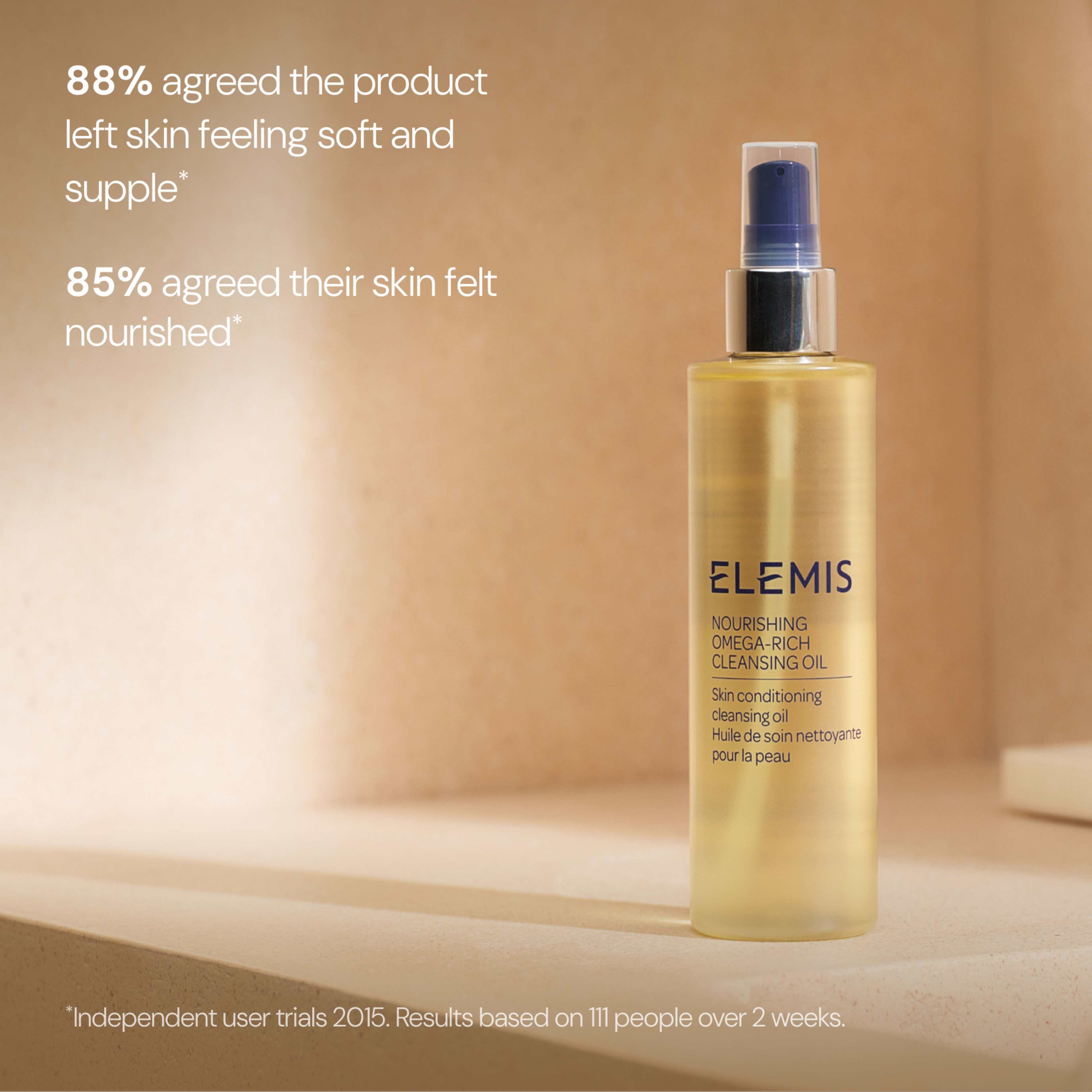 ELEMIS Nourishing Omega-Rich Cleansing Oil bottle on a beige background, with text stating “88% agreed the product left skin feeling soft and supple” and “85% agreed their skin felt nourished”, based on independent user trials in 2015.