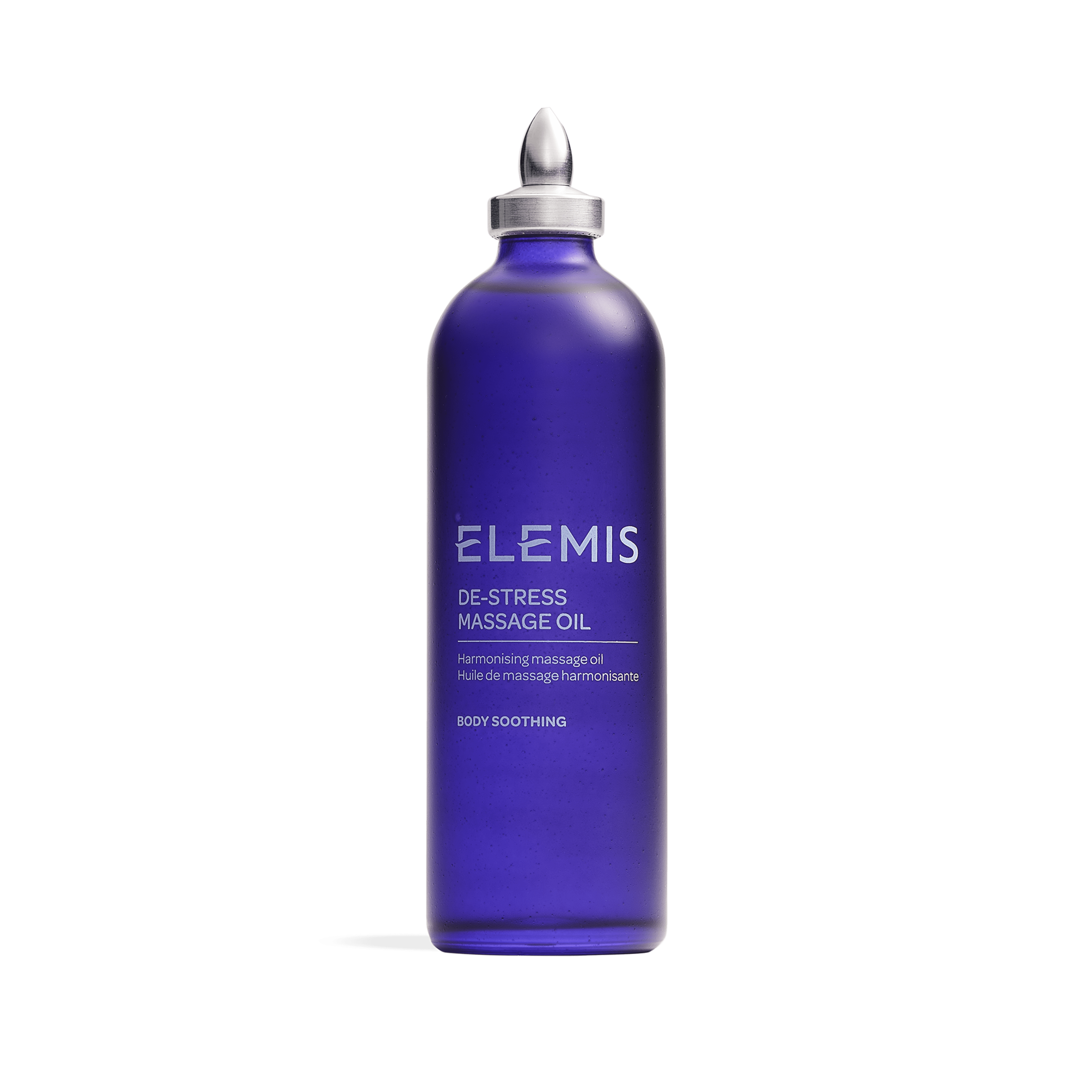 ELEMIS De-Stress Massage Oil bottle in frosted cobalt blue glass with metallic silver cap and dropper-style top, labelled as harmonising, body soothing massage oil, shown on a plain white background.