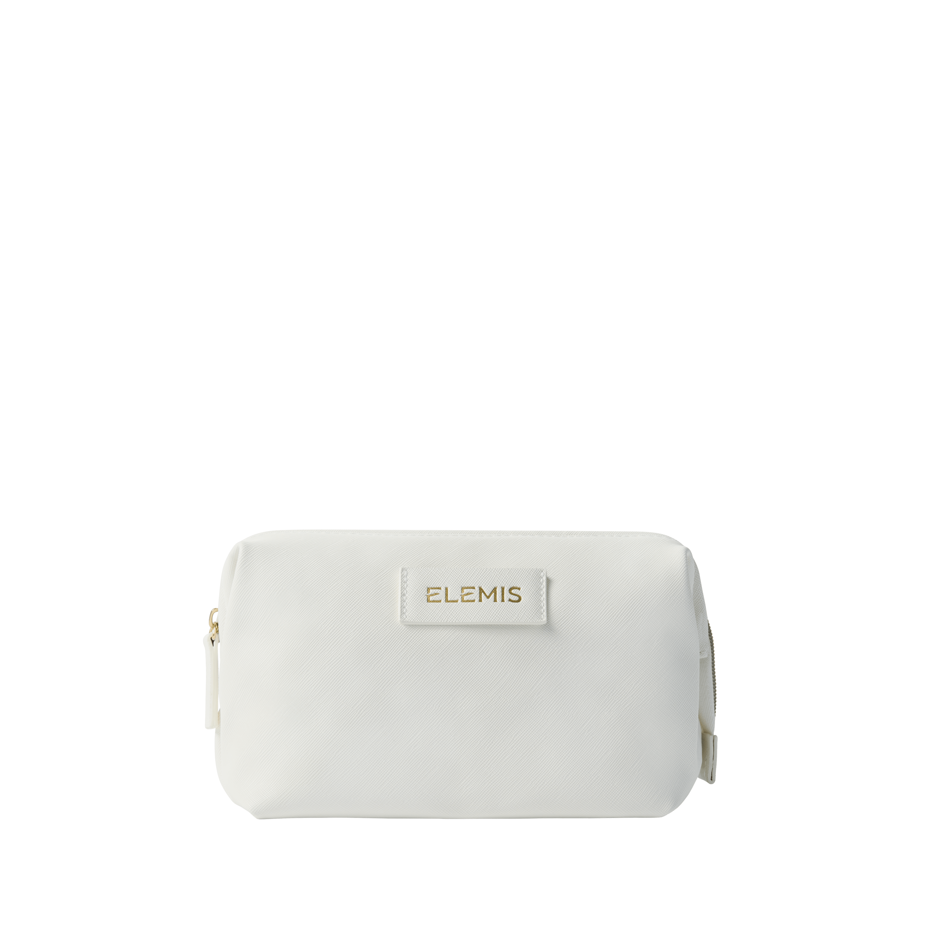 White ELEMIS cosmetic bag with a gold zip and small front label showing the ELEMIS logo, on a plain white background.