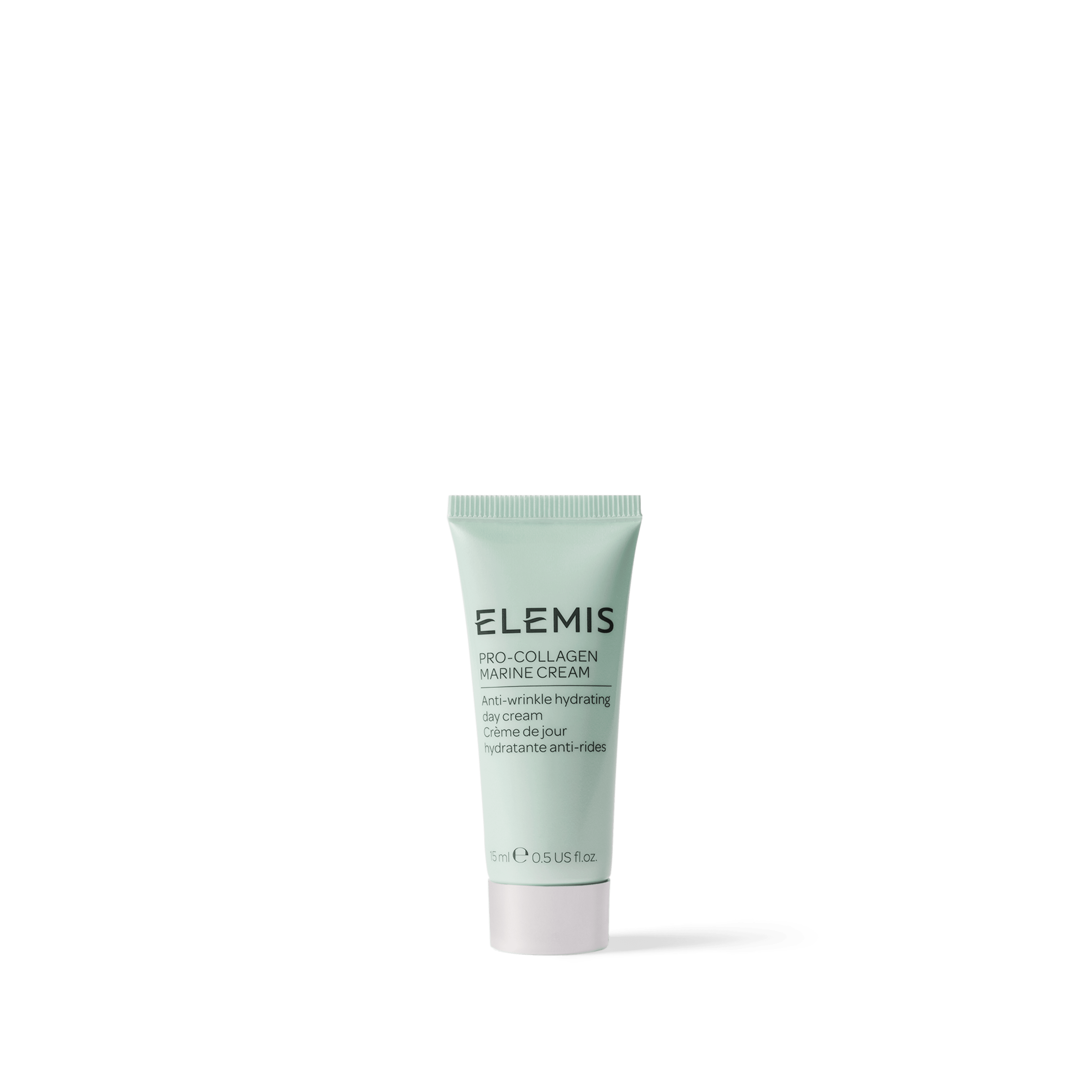 ELEMIS Pro-Collagen Marine Cream travel-size tube standing upright on a plain green background, labelled as an anti-wrinkle hydrating day cream, 5ml.