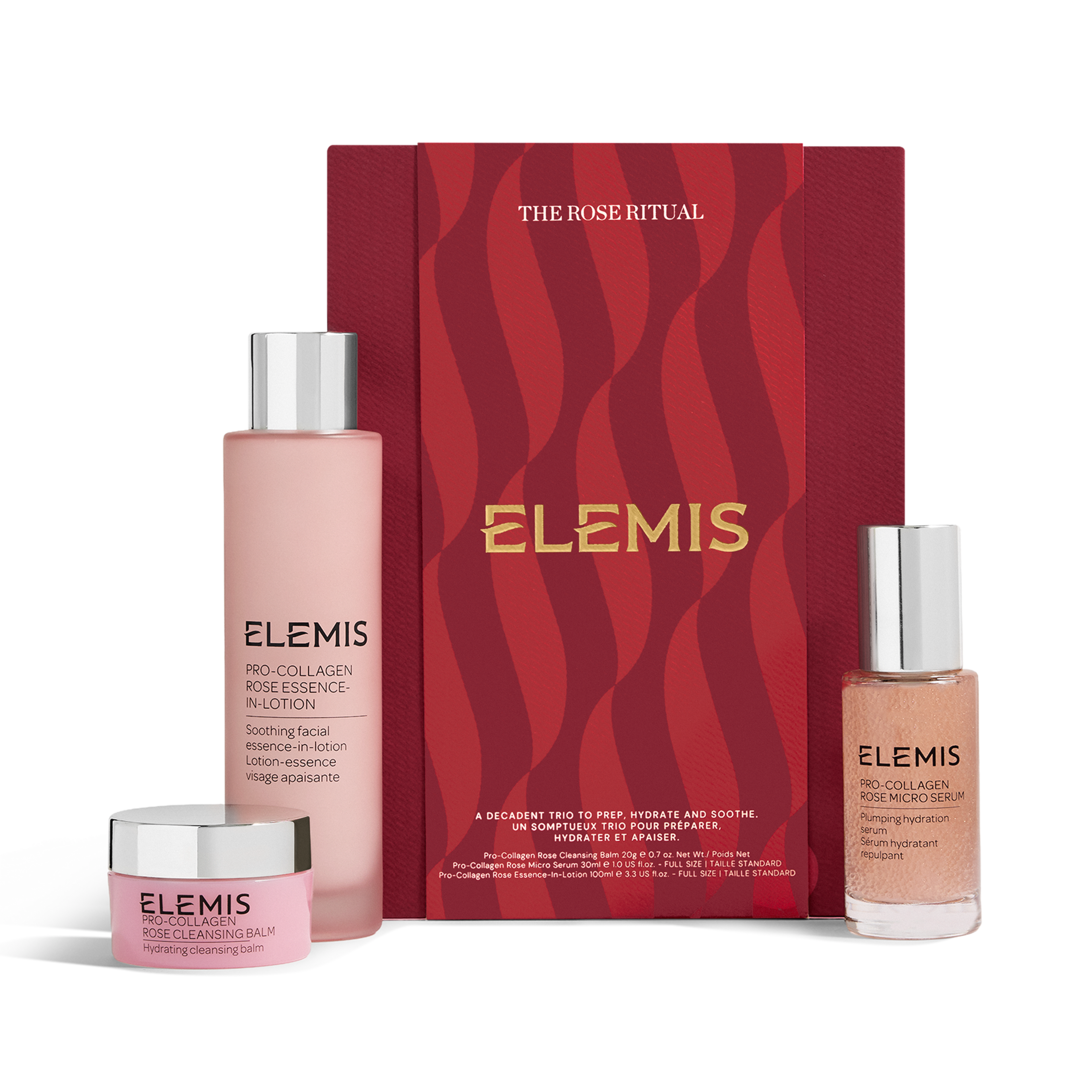 ELEMIS The Rose Ritual gift set containing Pro-Collagen Rose Cleansing Balm, Pro-Collagen Rose Essence-In-Lotion and Pro-Collagen Rose Micro Serum, presented in a red and pink patterned box.