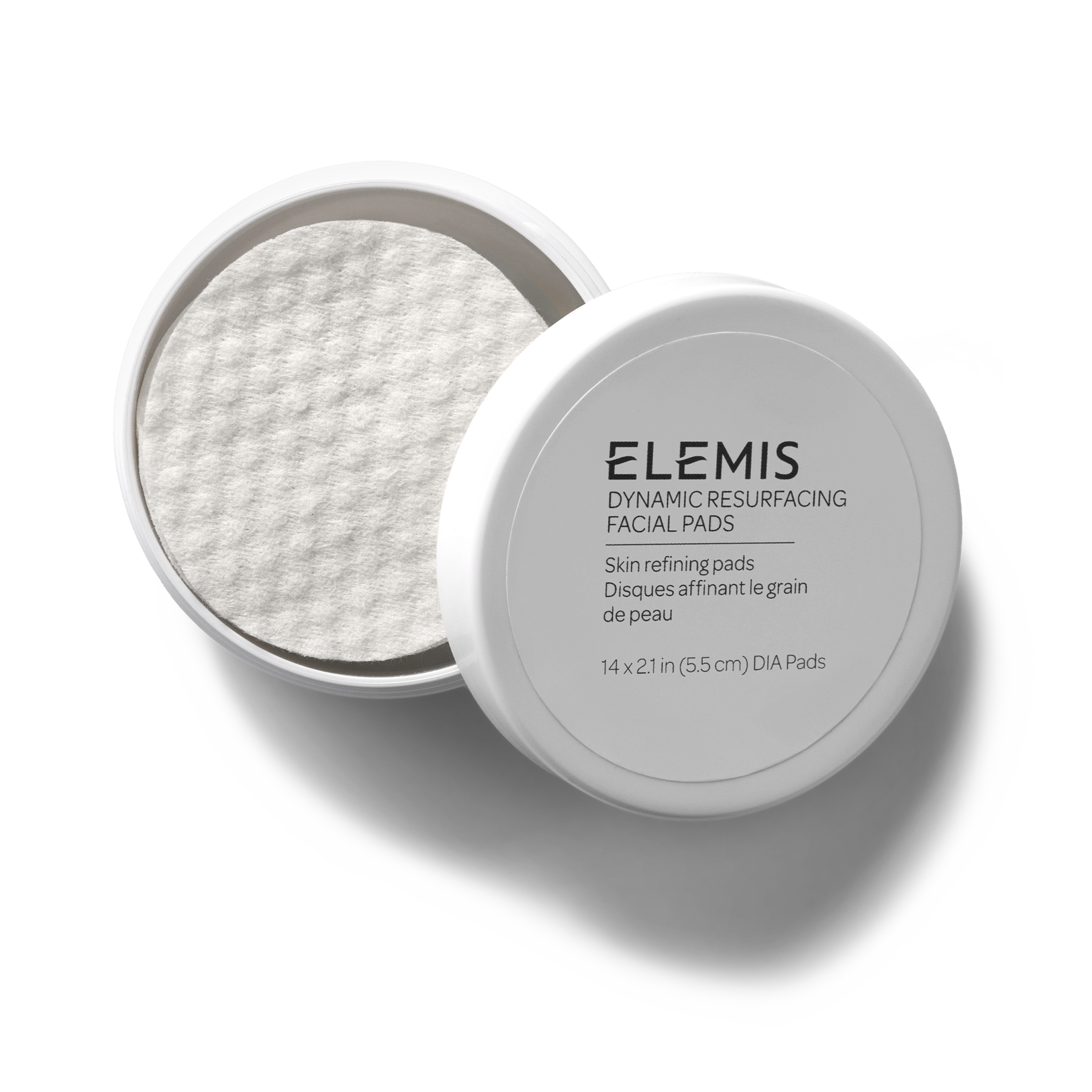 ELEMIS Dynamic Resurfacing Facial Pads in a round white tub with the lid partly open to show textured pads inside, labelled as skin refining pads, 14 x 2.1in (5.5cm) DIA pads.