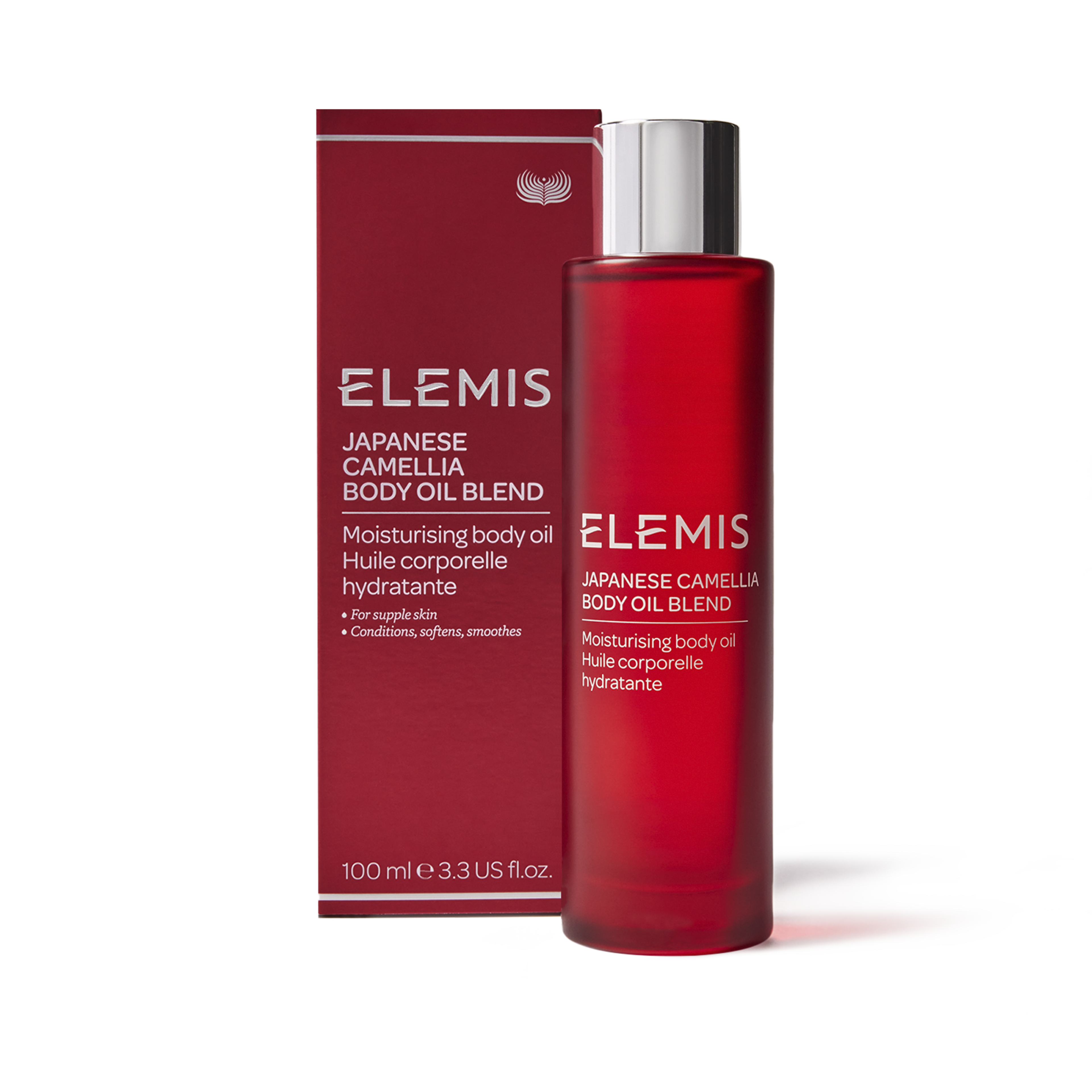 ELEMIS Japanese Camellia Body Oil Blend product packshot, showing a tall red bottle with silver cap in front of matching red box, labelled as moisturising body oil for supple skin that conditions, softens and smoothes, 100ml size.