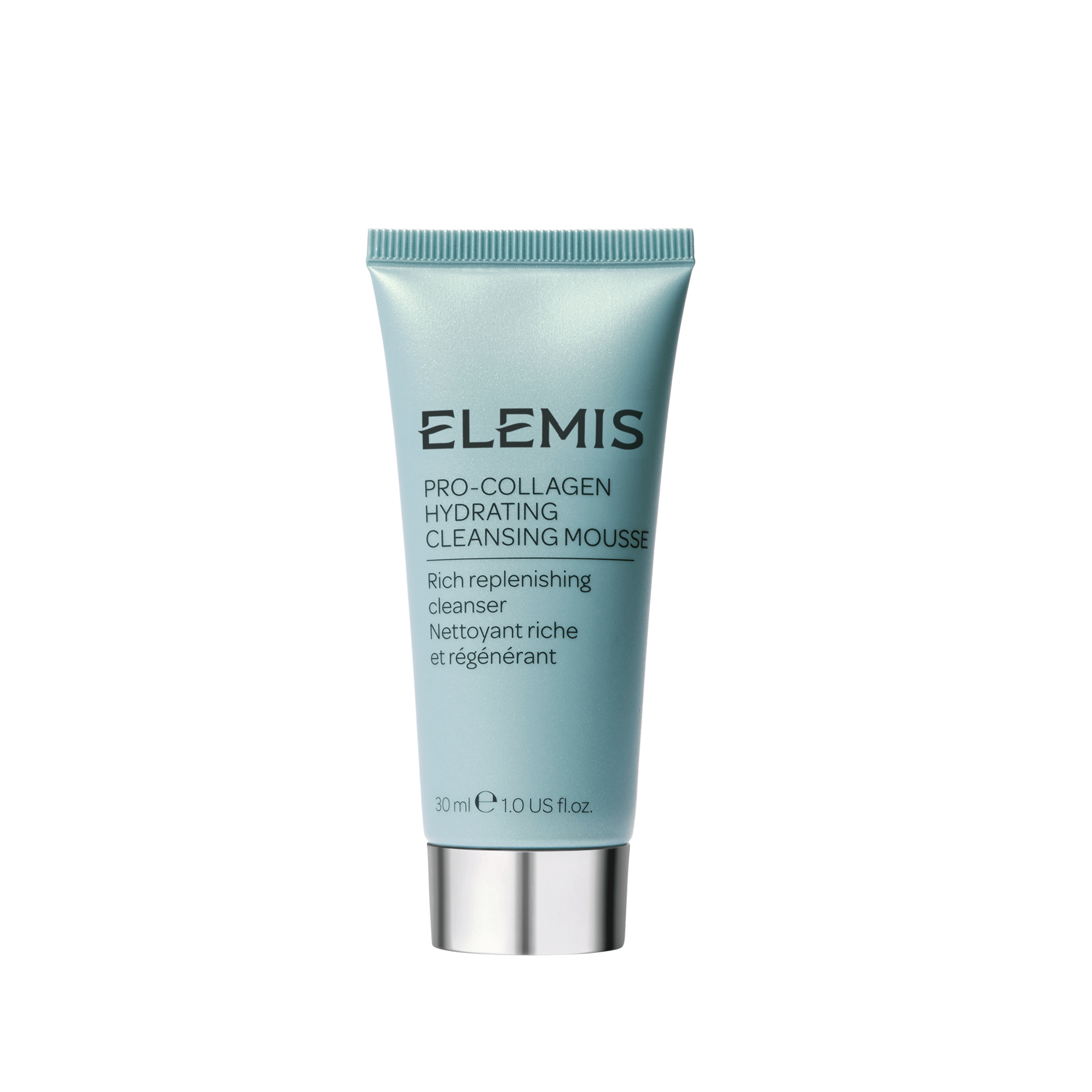 ELEMIS Pro-Collagen Hydrating Cleansing Mousse in a turquoise 30ml tube with silver cap, described as a rich replenishing cleanser with English and French text on the front, shown against a white background.