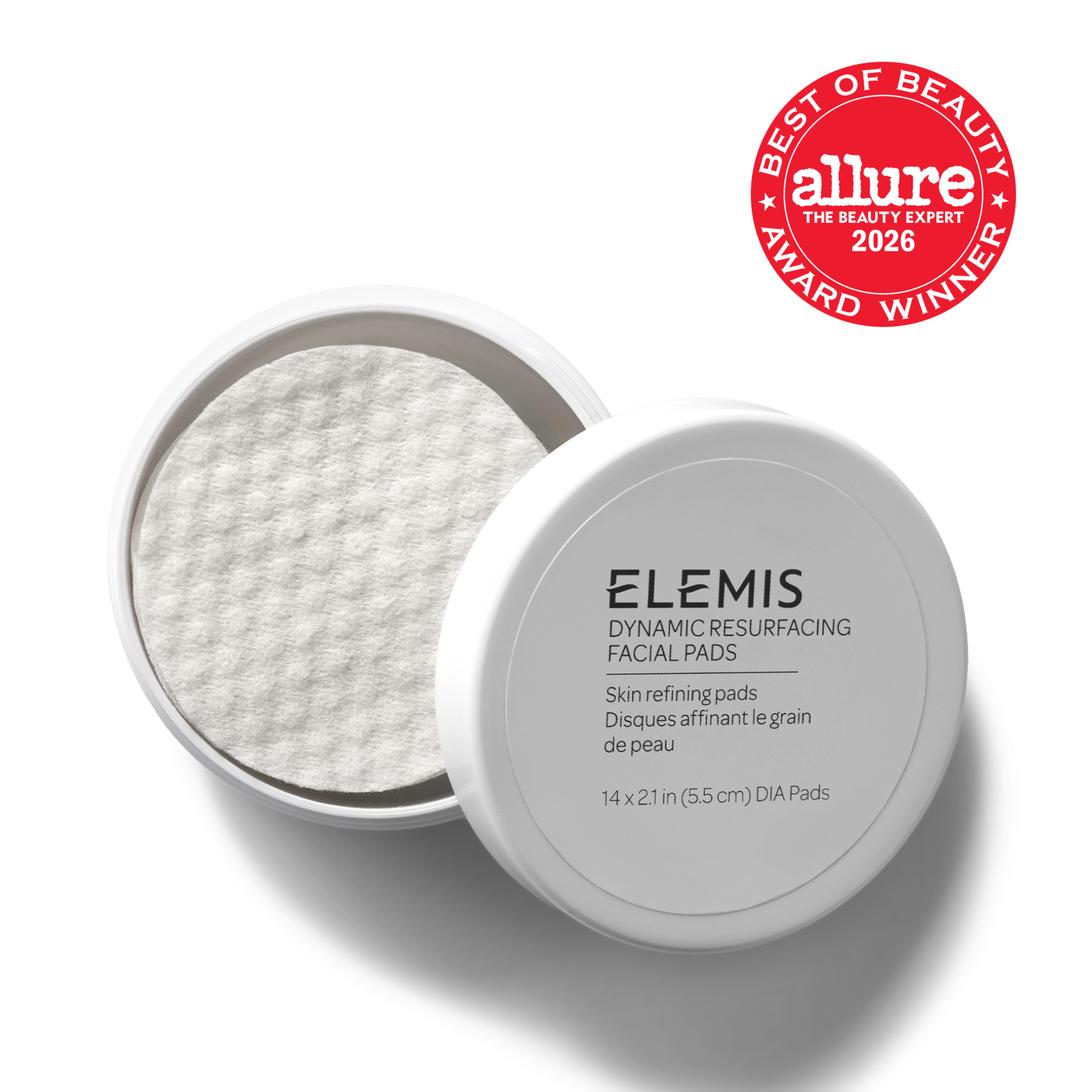 ELEMIS Dynamic Resurfacing Facial Pads round white tub, open to show textured pads, labelled as skin refining pads, 14 x 2.1in (5.5cm) dia pads. Top right is a red Allure “Best of Beauty Award Winner 2026” seal.