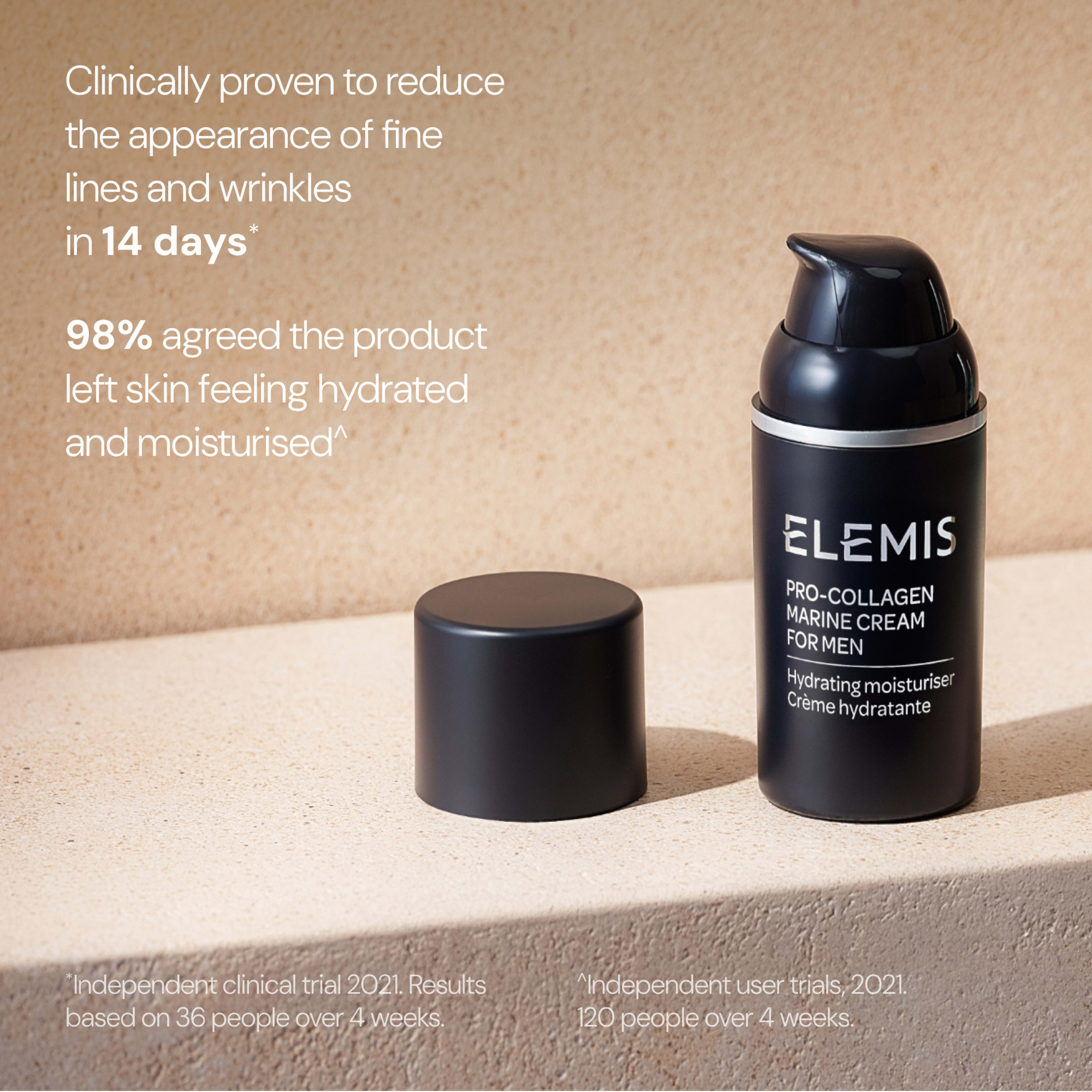 ELEMIS Pro-Collagen Marine Cream for Men hydrating moisturiser bottle and lid on a stone surface, with on-image text stating it is clinically proven to reduce fine lines and wrinkles in 14 days and that 98% agreed it left skin feeling hydrated and moisturised.