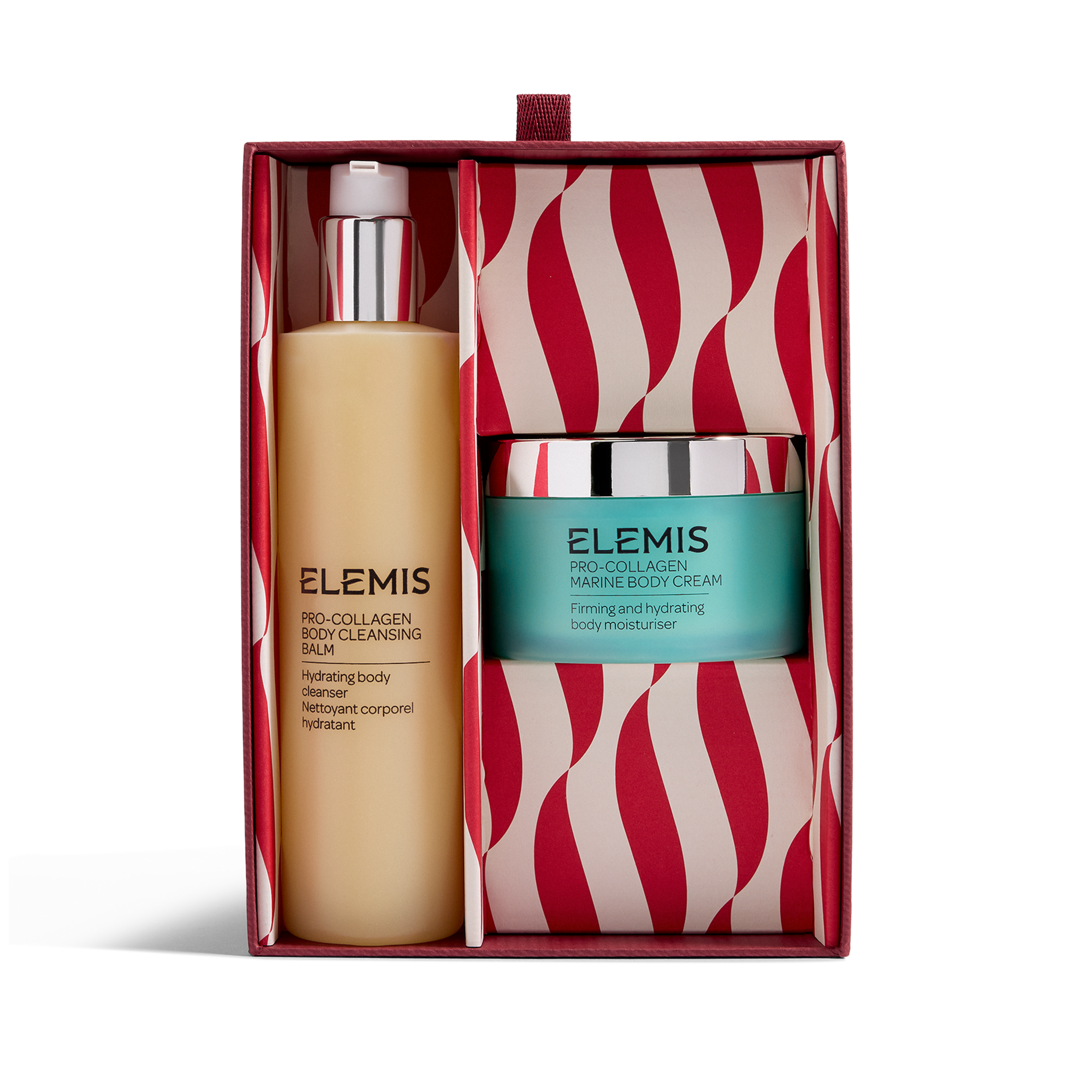ELEMIS Pro-Collagen Body Cleansing Balm and ELEMIS Pro-Collagen Marine Body Cream gift set displayed in a red and white wavy patterned box, showing a tall pump bottle and a turquoise body cream jar side by side.