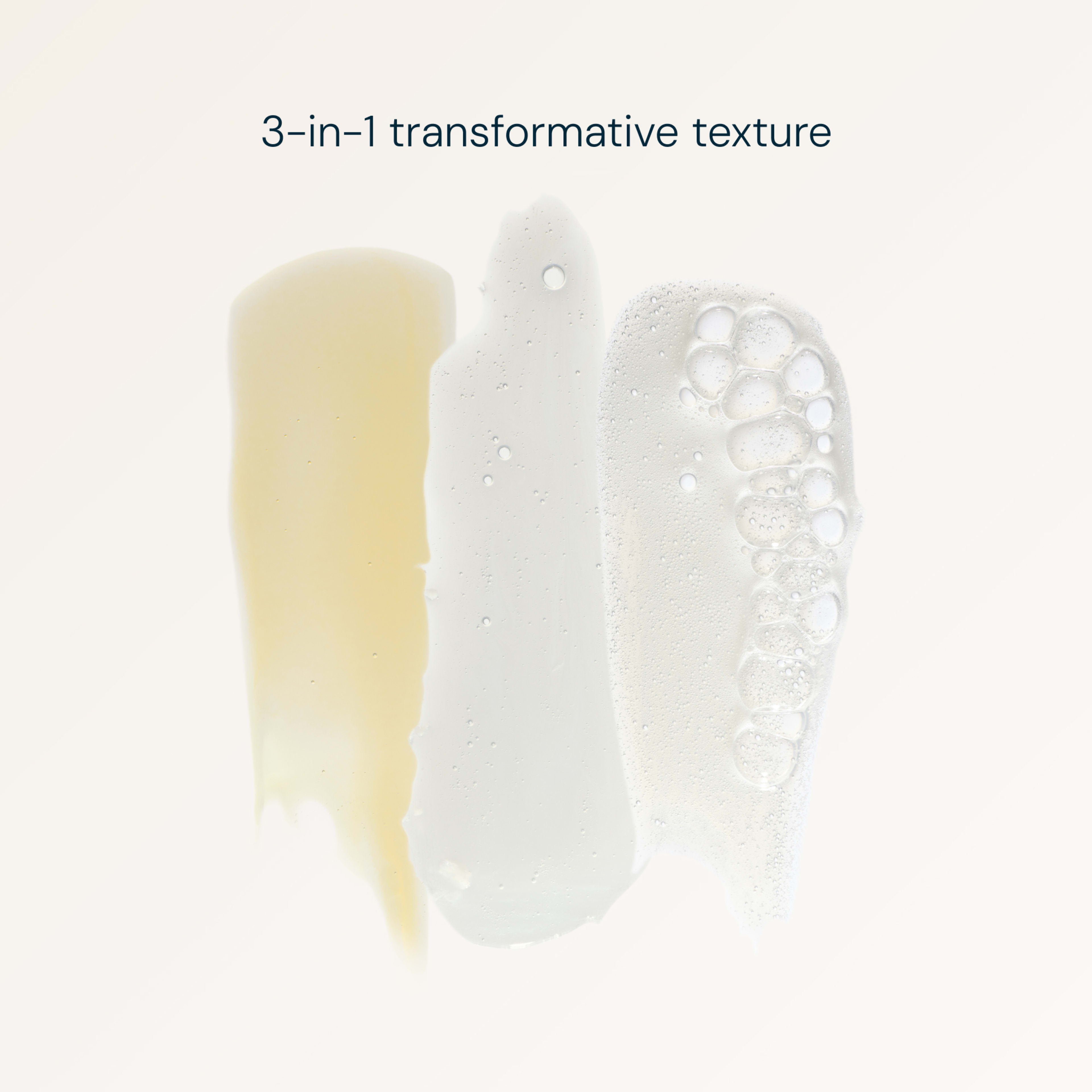 Text reading “3‑in‑1 transformative texture” above three vertical product swatches in balm, milk and foam textures on a pale background, illustrating different skincare texture stages.