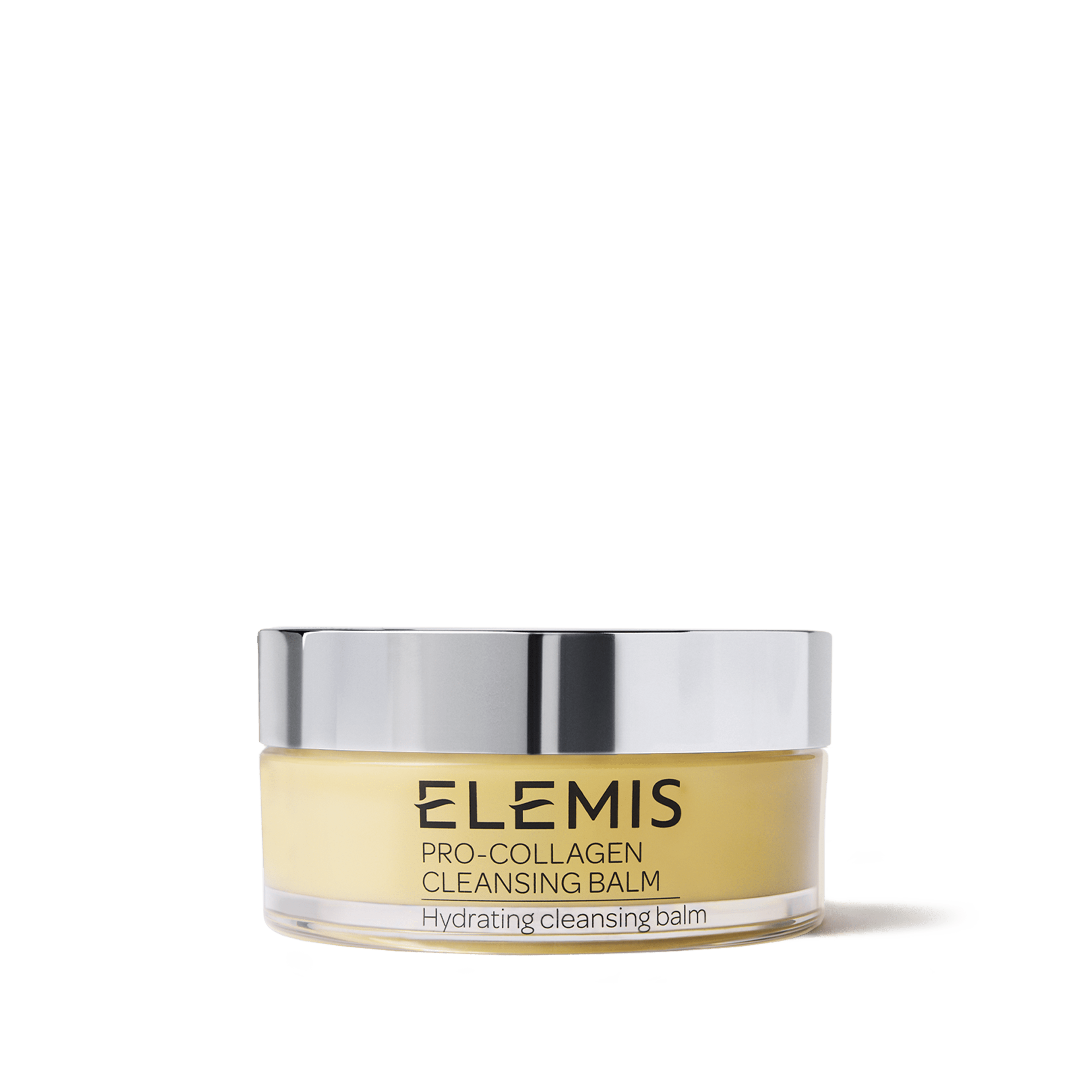 ELEMIS Pro-Collagen Cleansing Balm in a yellow jar with a silver lid, labelled as a hydrating cleansing balm, on a white background.