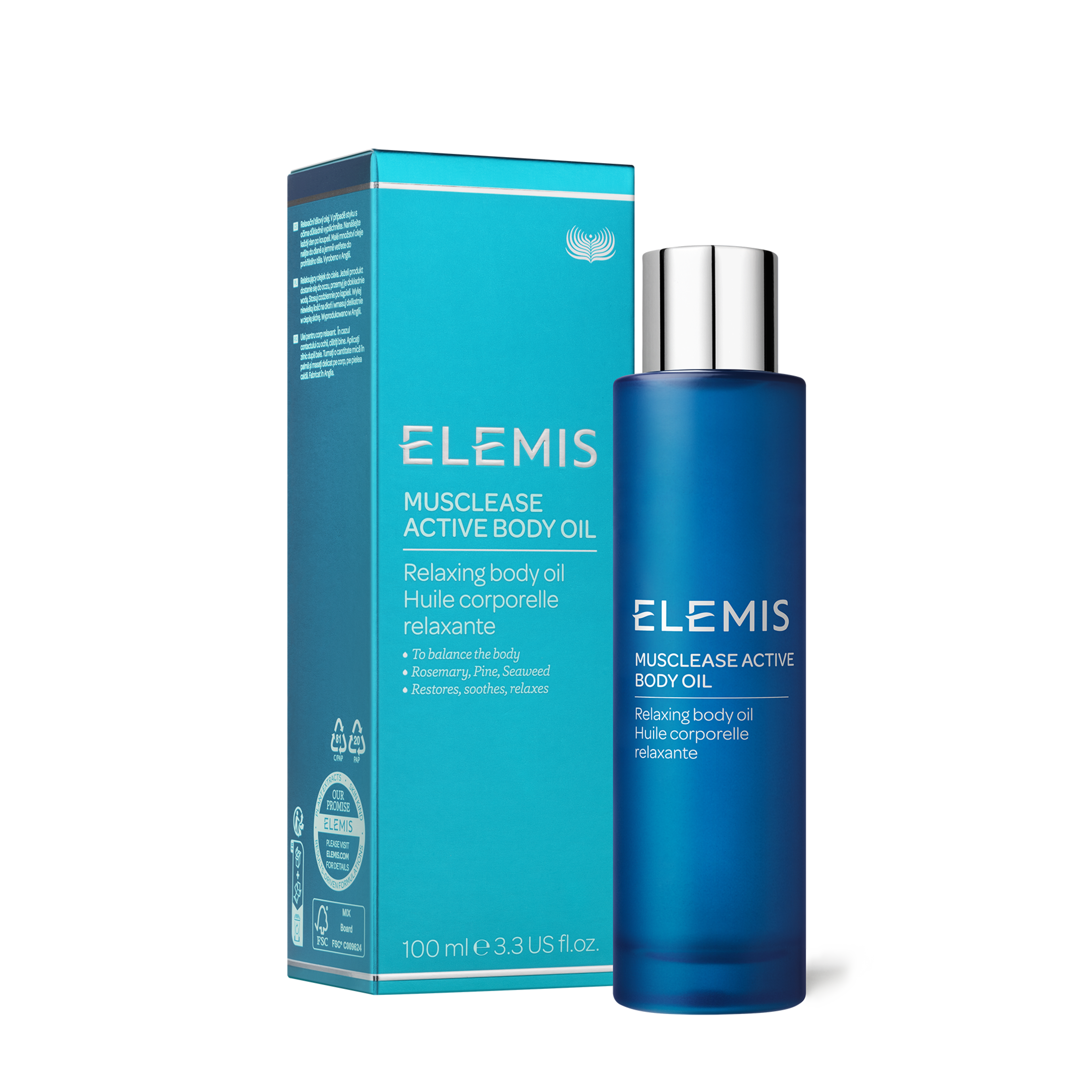 ELEMIS Musclease Active Body Oil product shot showing turquoise box and blue bottle with silver cap, labelled as a relaxing body oil to help balance the body with rosemary, pine and seaweed, 100ml.