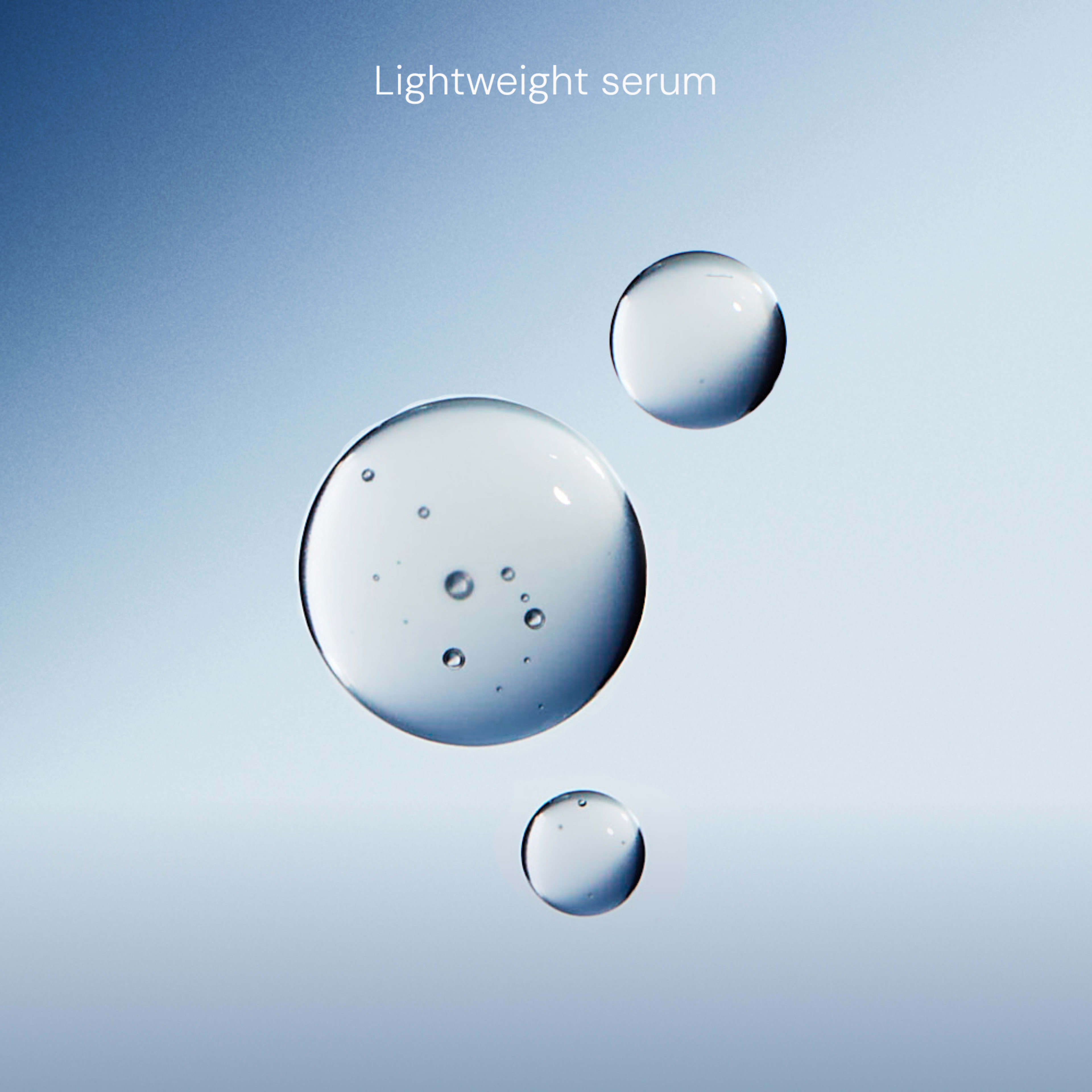 Clear serum droplets suspended on a blue gradient background with the words "Lightweight serum" at the top.