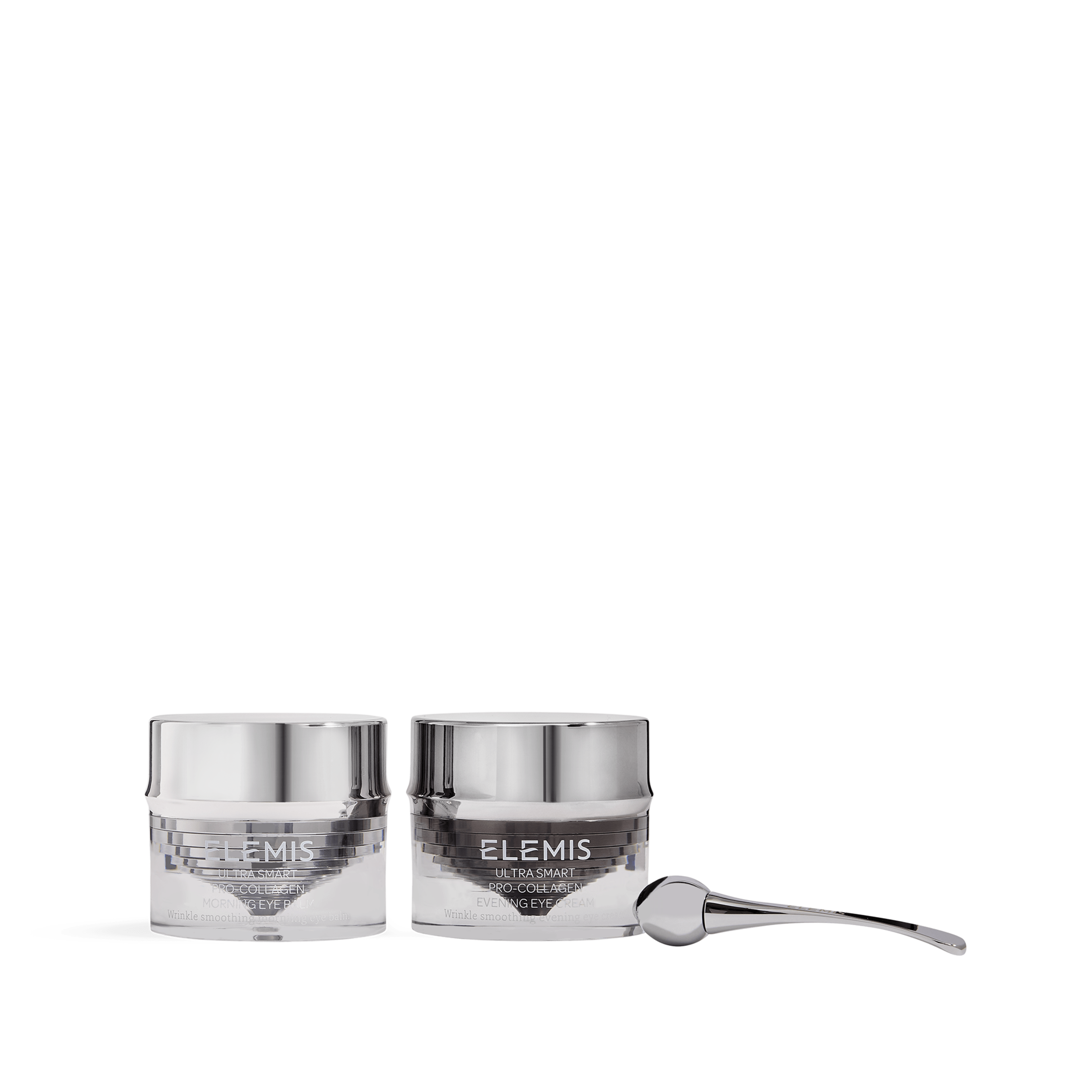 ELEMIS Ultra Smart Pro-Collagen Eye Duo, two silver and clear jars side by side with a matching metal applicator, shown on a white background.