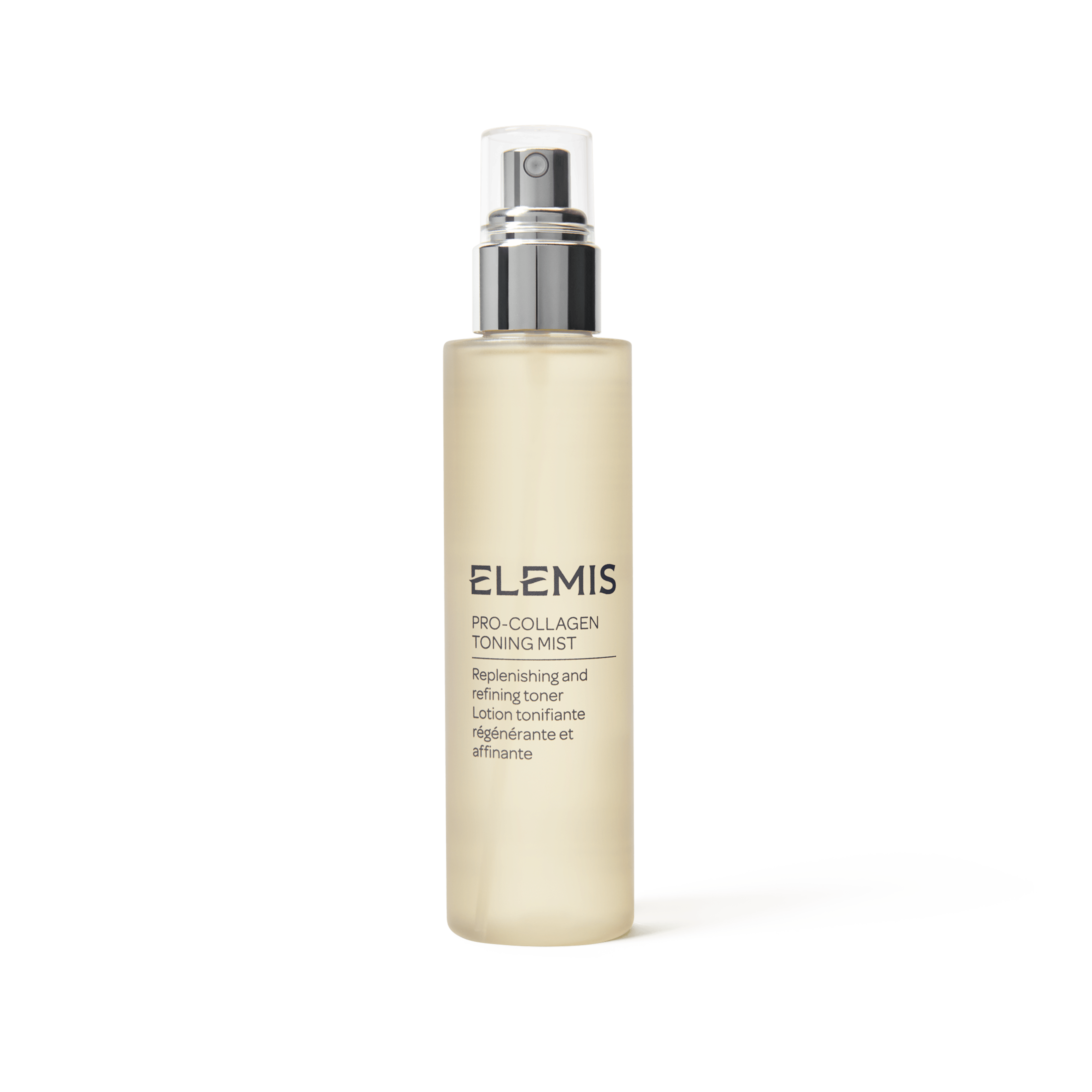 ELEMIS Pro-Collagen Toning Mist bottle standing upright on a white background, with silver spray pump and text describing it as a replenishing and refining toner.
