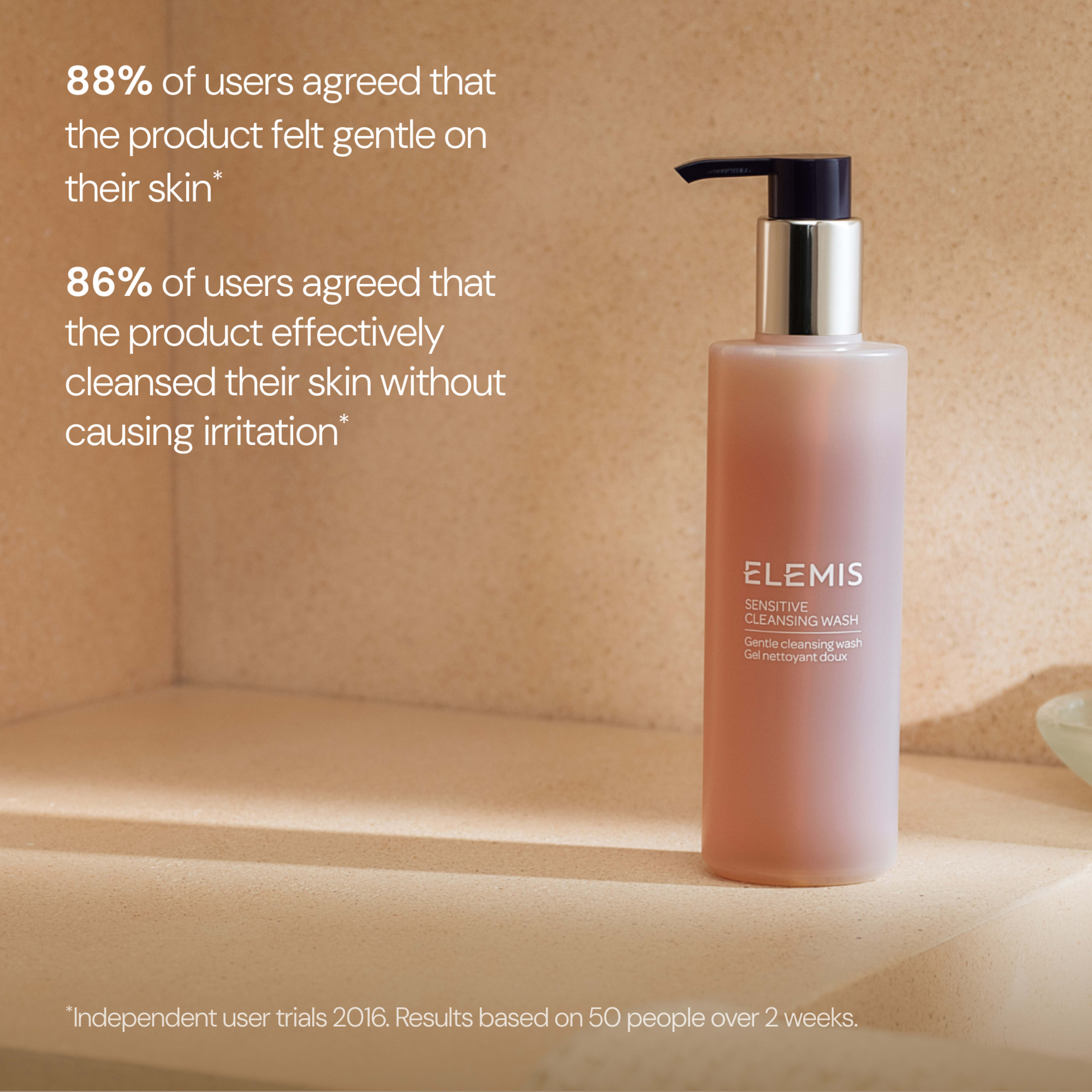 ELEMIS Sensitive Cleansing Wash bottle on a bathroom counter, with text stating “88% of users agreed that the product felt gentle on their skin” and “86% of users agreed that the product effectively cleansed their skin without causing irritation”.