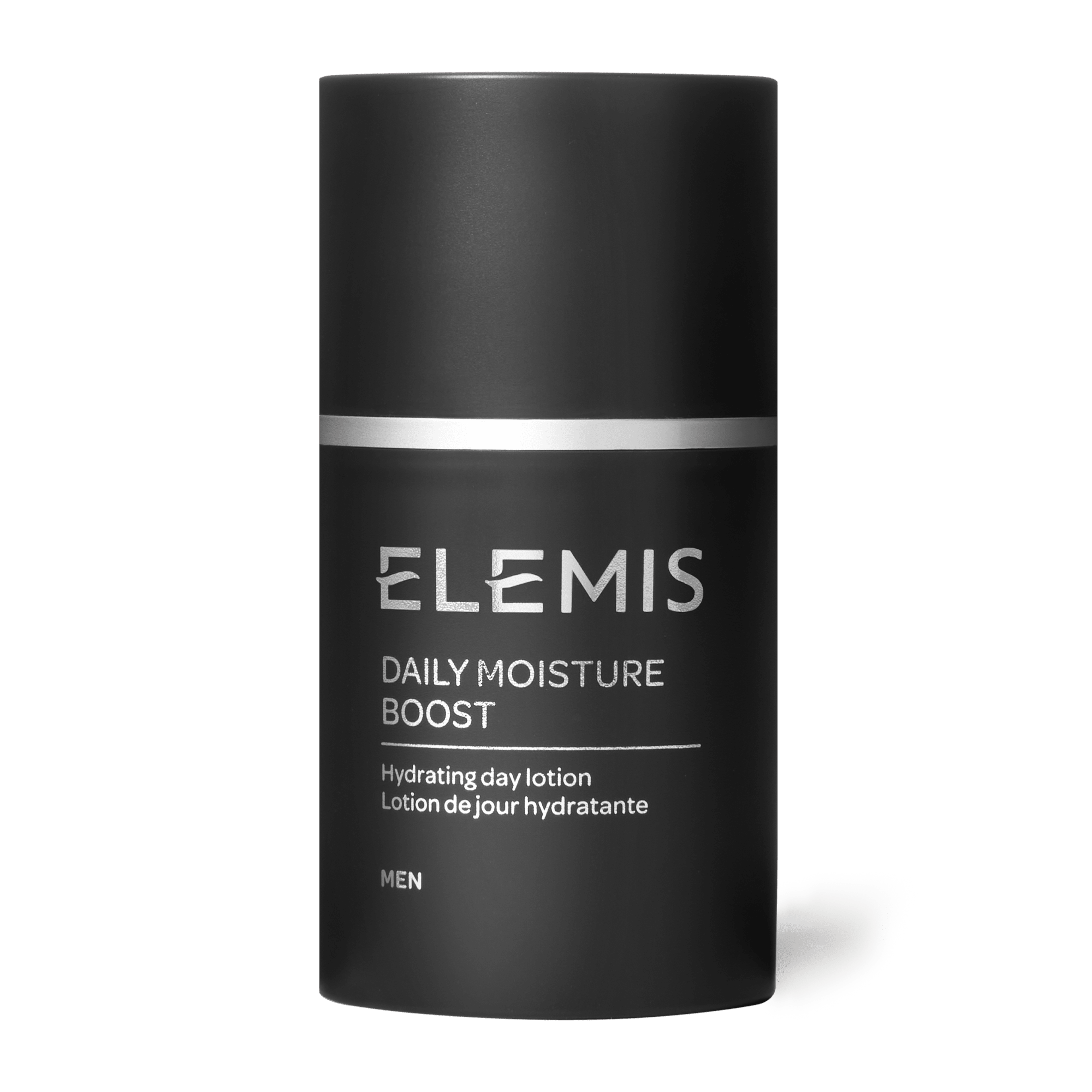 ELEMIS Daily Moisture Boost Men hydrating day lotion in a sleek black cylindrical bottle with silver band and text on a white background.