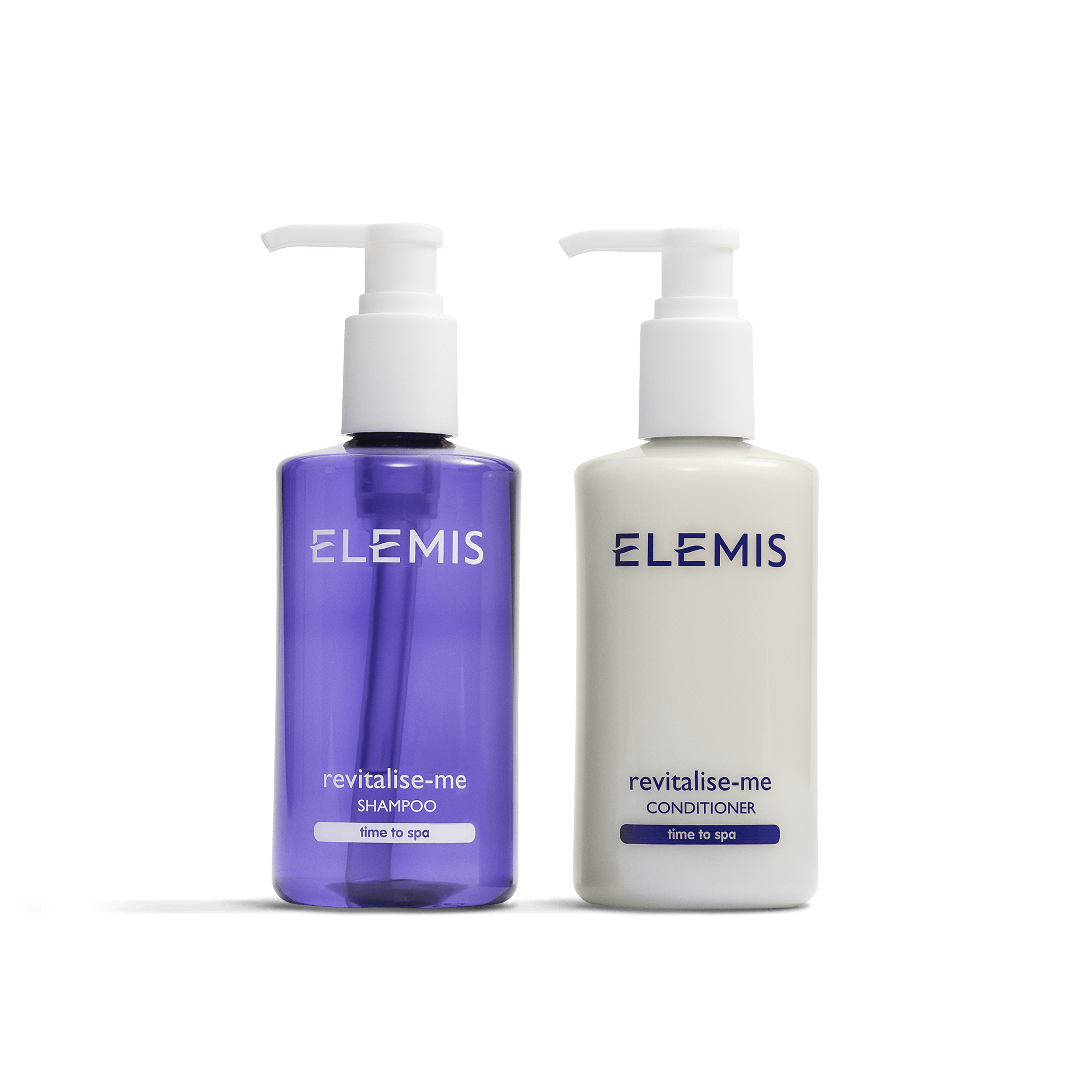Two ELEMIS revitalise-me pump bottles side by side on a plain background: a transparent purple shampoo and an off-white conditioner, both labelled “revitalise-me” with “time to spa” at the base.