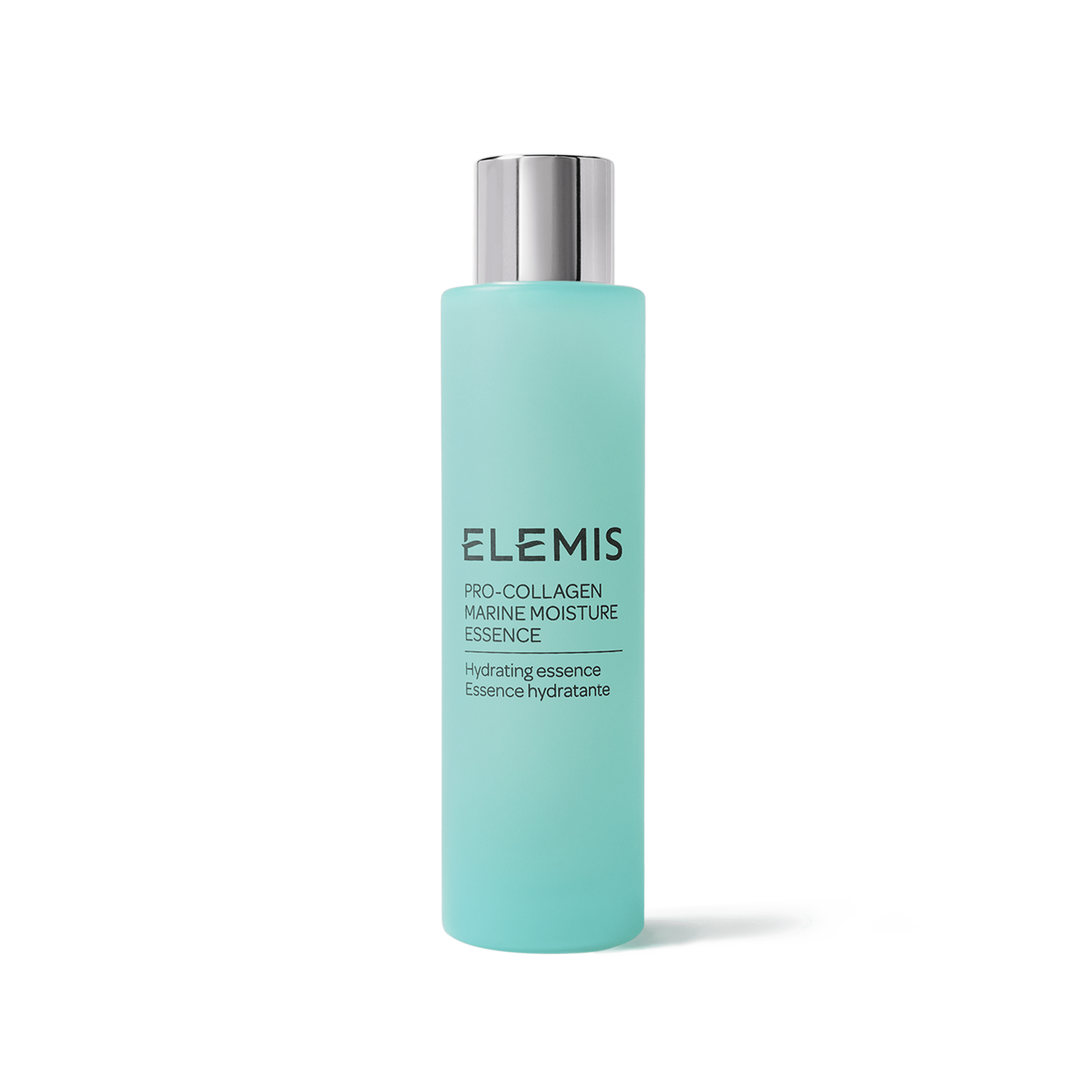 ELEMIS Pro-Collagen Marine Moisture Essence bottle with silver cap on a white background, labelled as a hydrating essence in English and French.