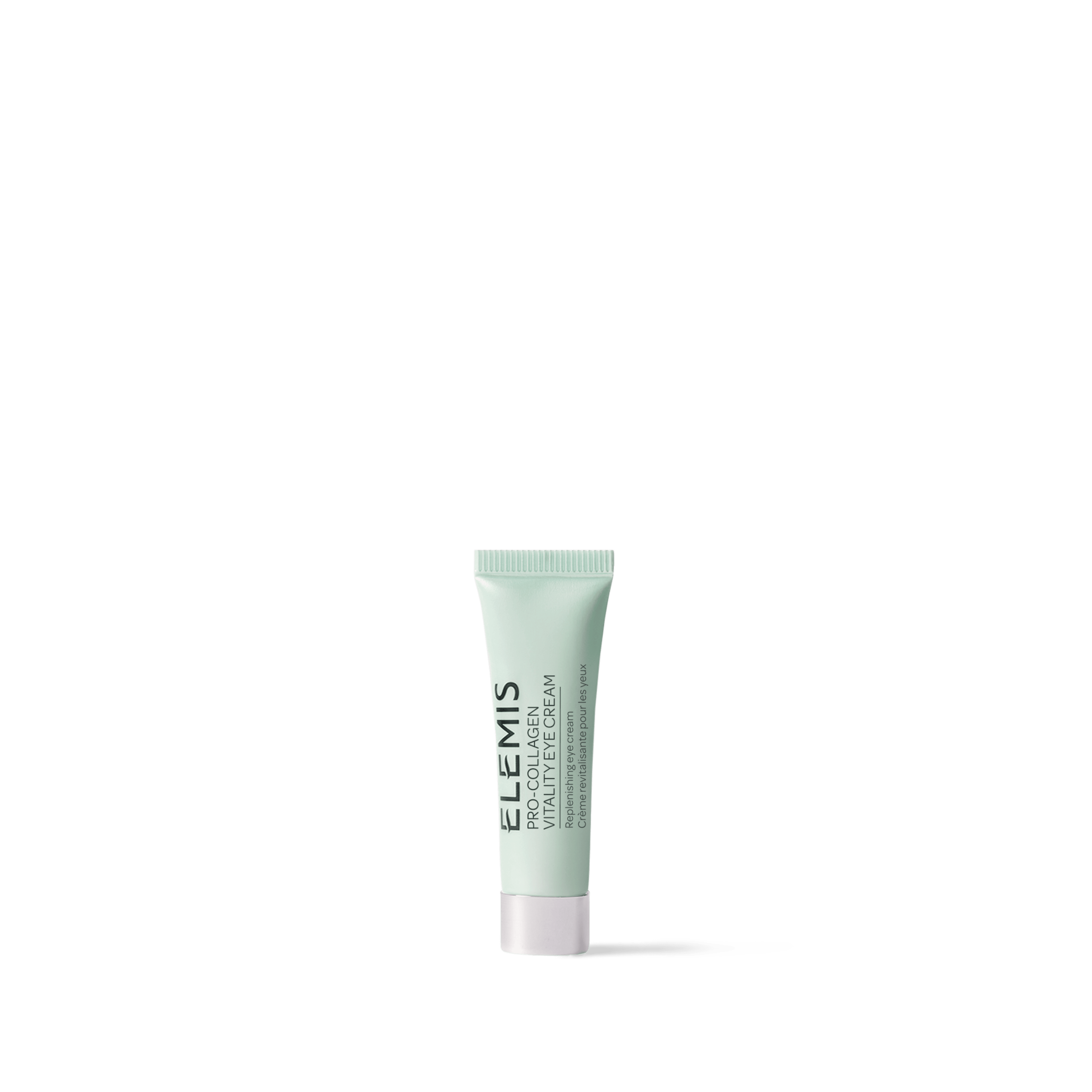 ELEMIS Pro-Collagen Vitality Eye Cream in a small mint-green tube with white cap, standing upright on a plain green background.