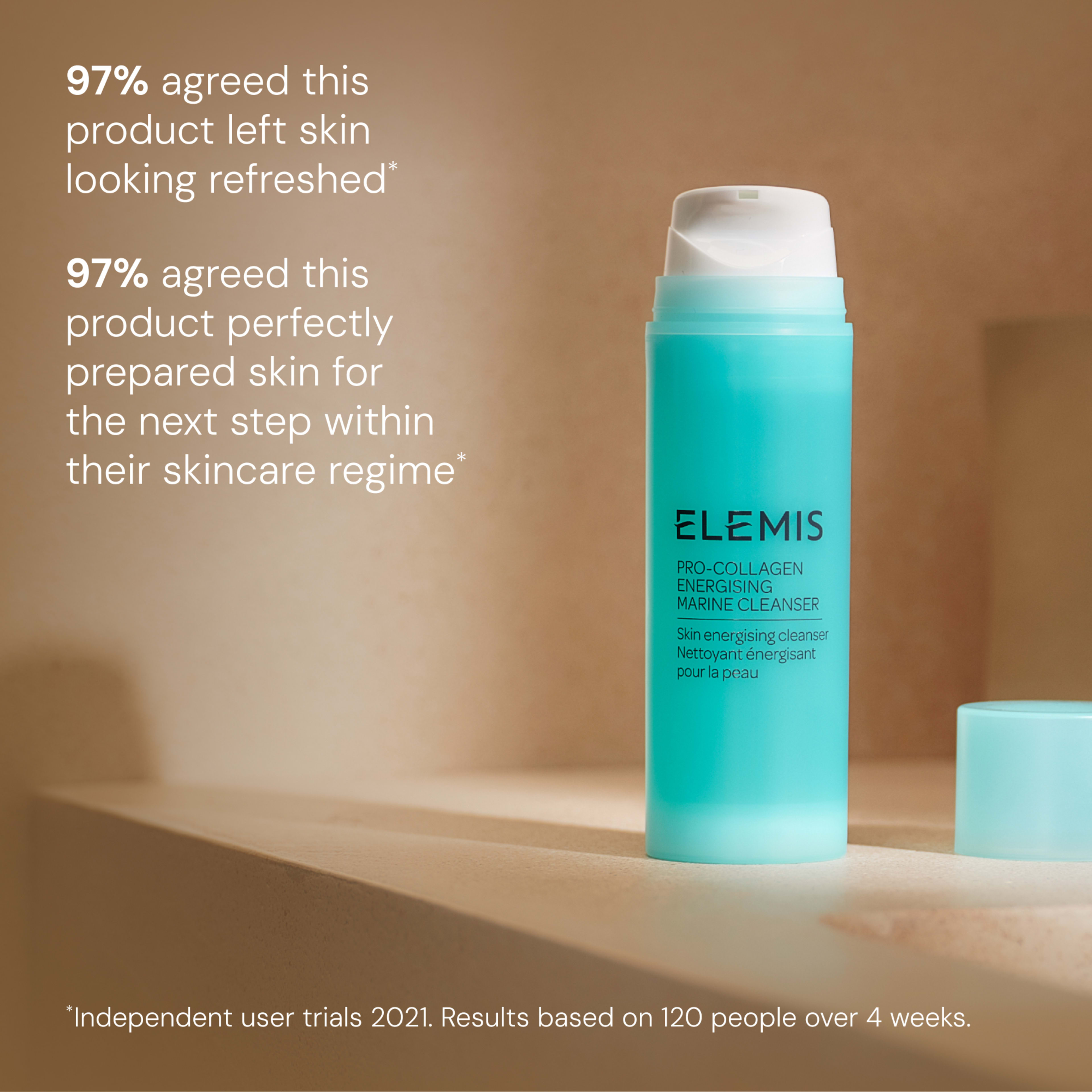 Aqua bottle of ELEMIS Pro-Collagen Energising Marine Cleanser standing on a beige surface with its lid beside it. On-image text states that 97% of users felt it left skin looking refreshed and prepared for the next skincare step, based on 2021 user trials of 120 people over 4 weeks.