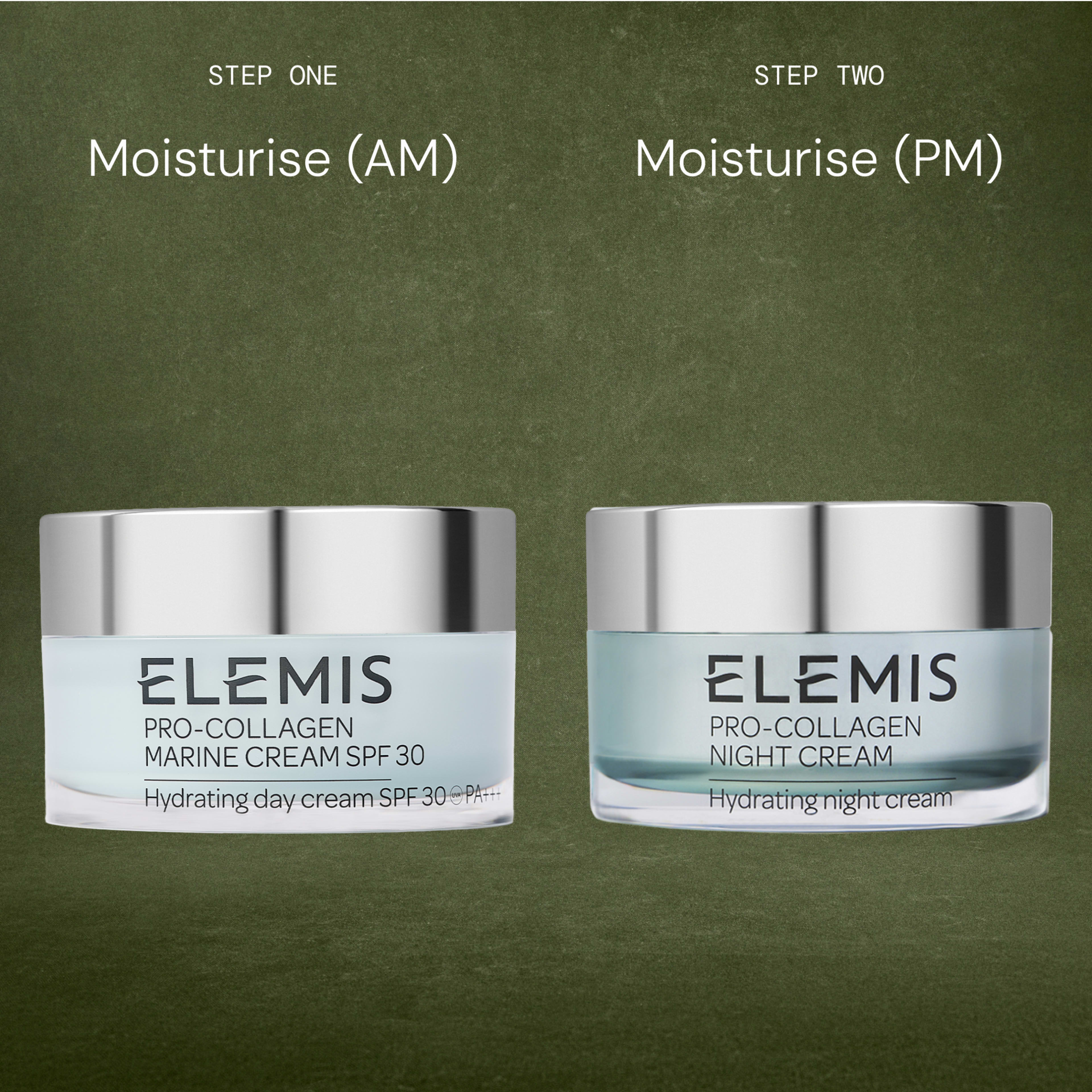Green background graphic showing a two-step moisturising routine with ELEMIS Pro-Collagen creams: step one, moisturise (AM) with Pro-Collagen Marine Cream SPF 30, and step two, moisturise (PM) with Pro-Collagen Night Cream.