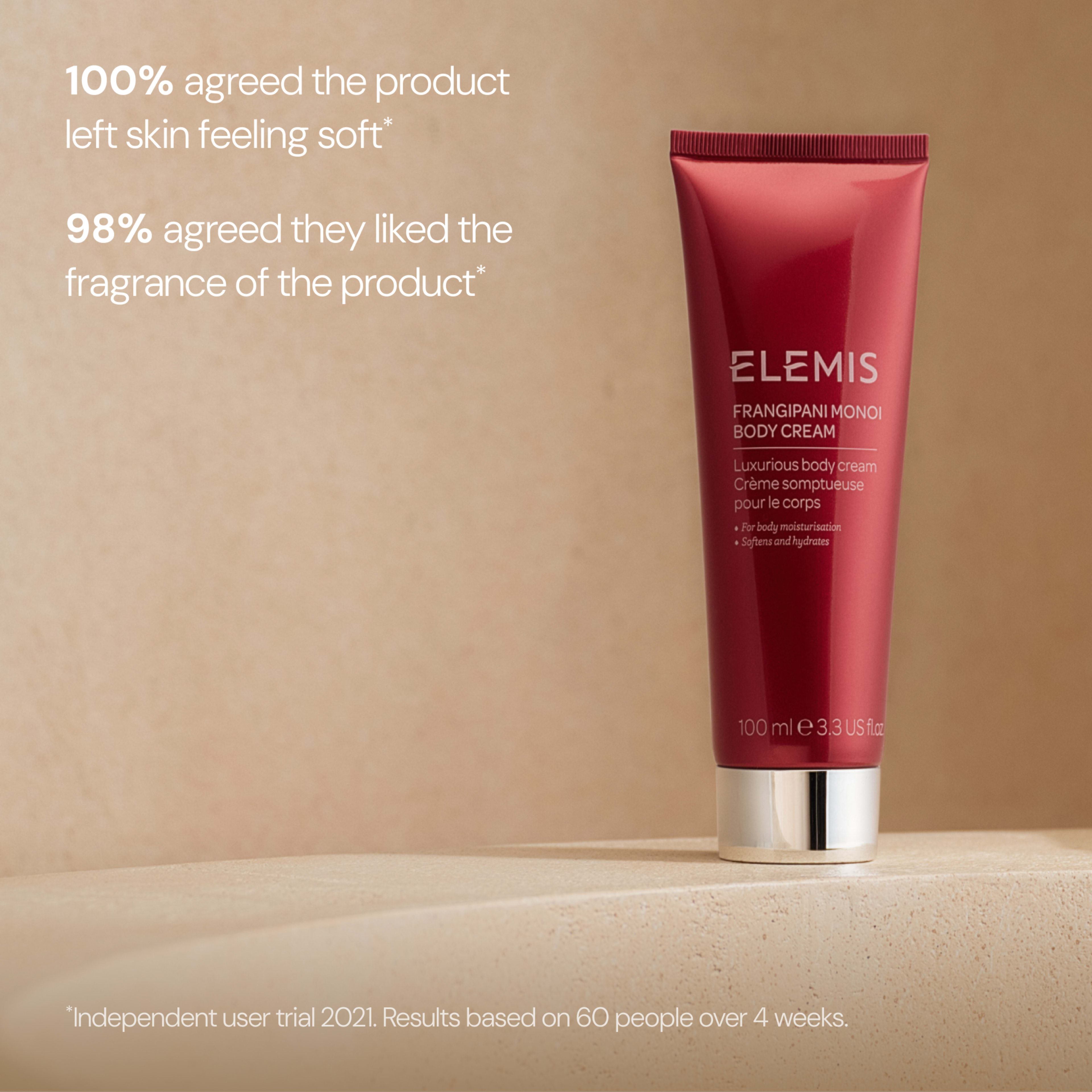 ELEMIS Frangipani Monoi Body Cream 100ml tube standing on a stone surface with neutral background, showing product as a luxurious body moisturiser. On the left, text states “100% agreed the product left skin feeling soft” and “98% agreed they liked the fragrance of the product”.