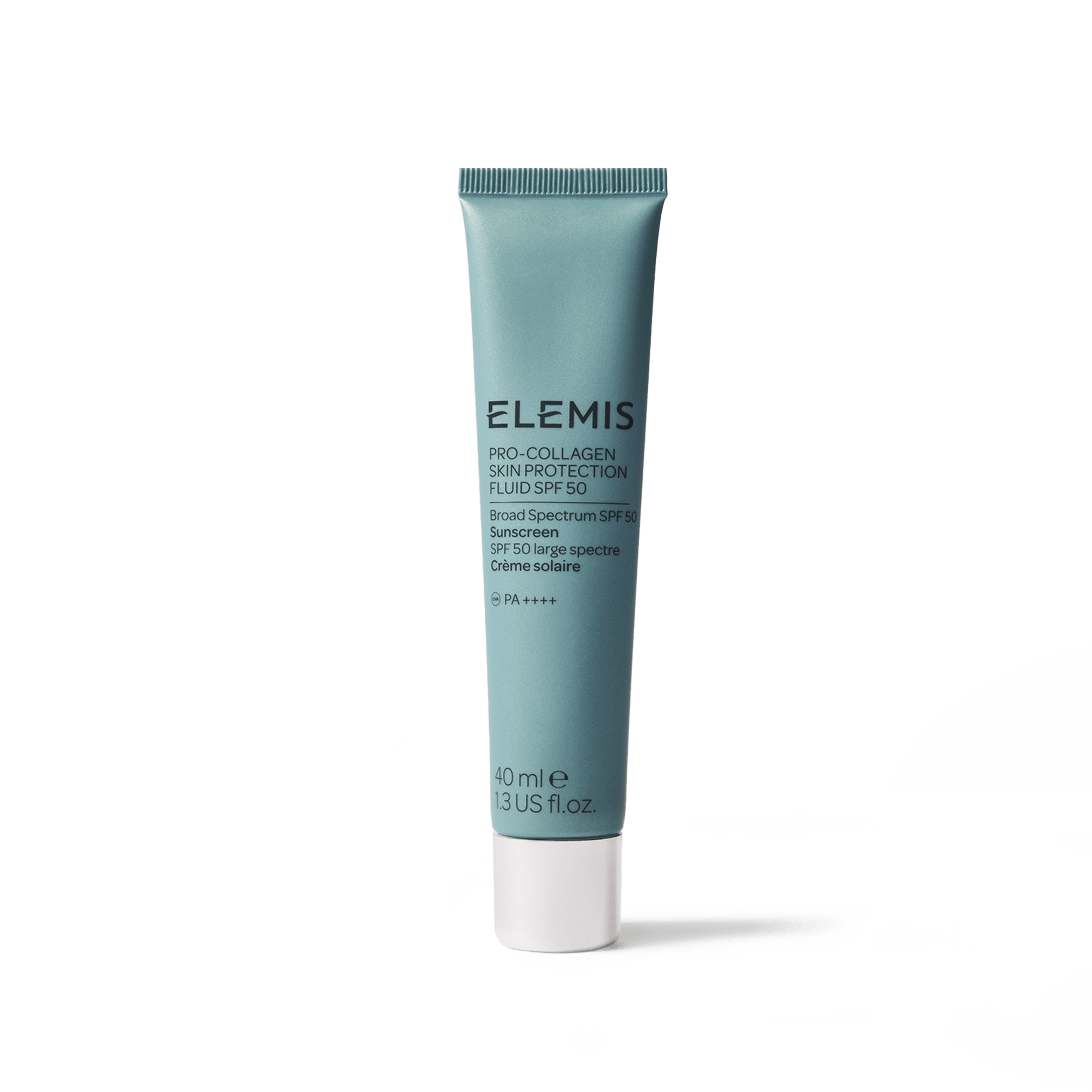 ELEMIS Pro-Collagen Skin Protection Fluid SPF 50 in a teal 40ml tube with white cap, labelled broad spectrum SPF 50 sunscreen, PA++++, standing upright on a white background.
