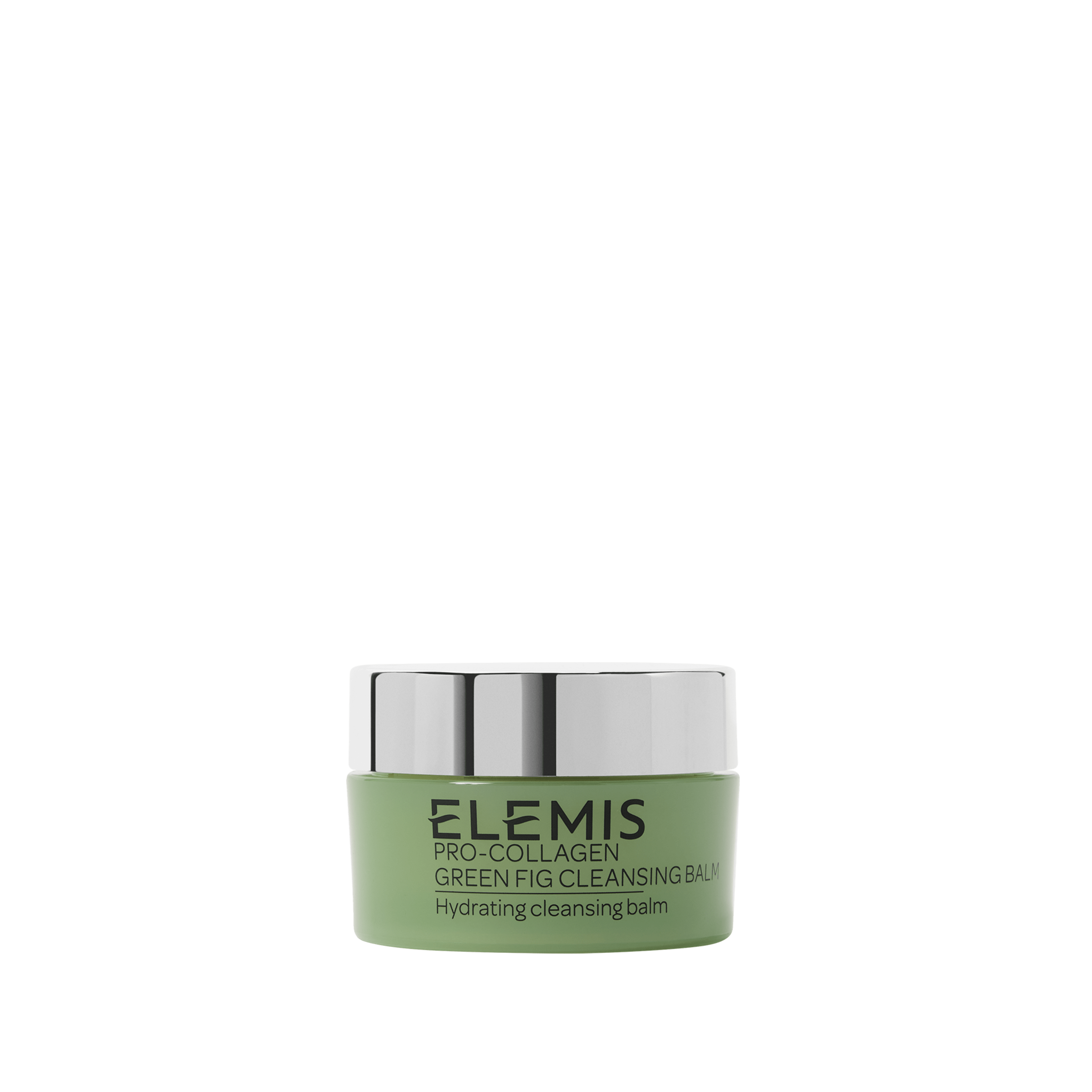 ELEMIS Pro-Collagen Green Fig Cleansing Balm jar with silver lid on a plain white background, labelled as a hydrating cleansing balm.