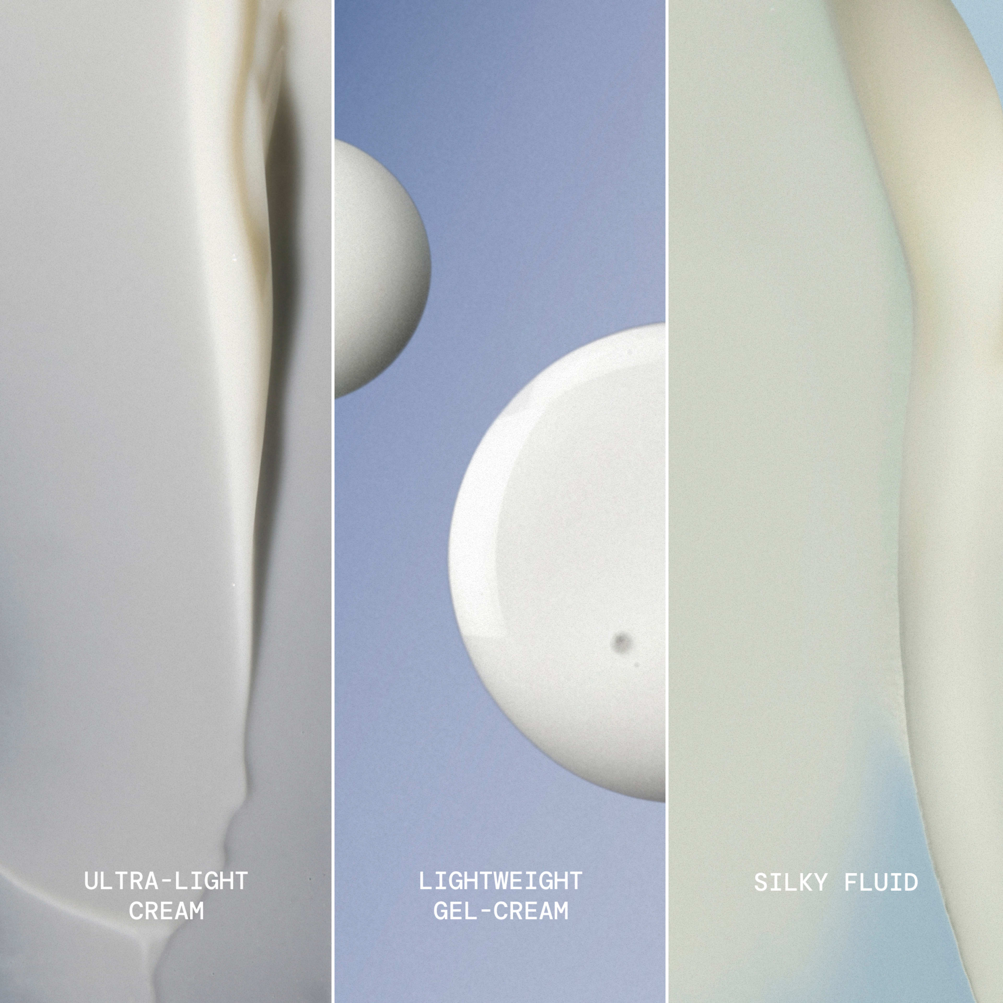 Close-up of three ELEMIS skincare textures in vertical panels, labelled "ULTRA-LIGHT CREAM", "LIGHTWEIGHT GEL-CREAM" and "SILKY FLUID", showing different consistencies from thicker cream to light, runny fluid against soft neutral backgrounds.